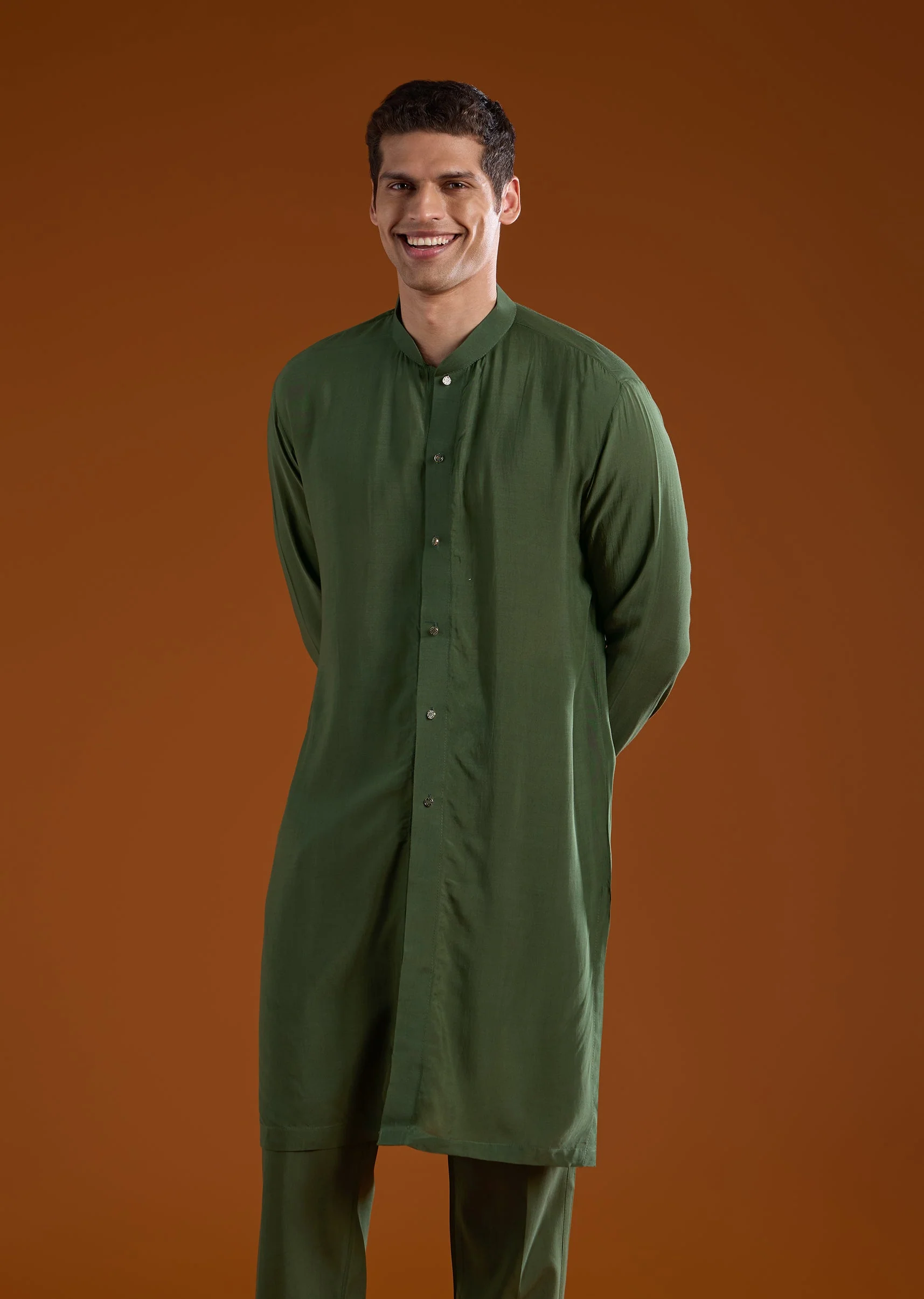 Mehendi Green Contemporary Duo – Embroidered Jumpsuit For Her And Muslin Jacket Kurta Set For Him - Image 13