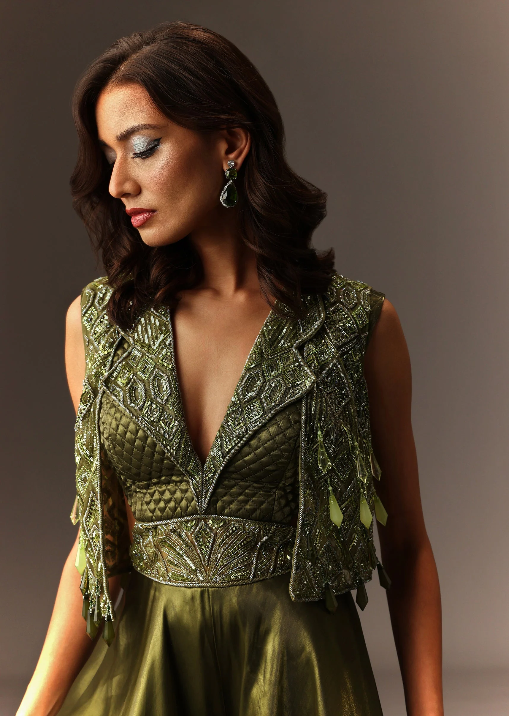 Mehendi Green Contemporary Duo – Embroidered Jumpsuit For Her And Muslin Jacket Kurta Set For Him - Image 2