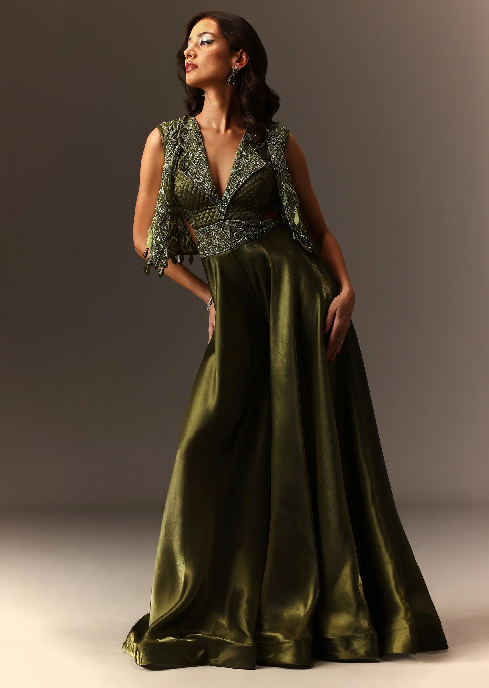 Mehendi Green Contemporary Duo – Embroidered Jumpsuit For Her And Muslin Jacket Kurta Set For Him - Image 5