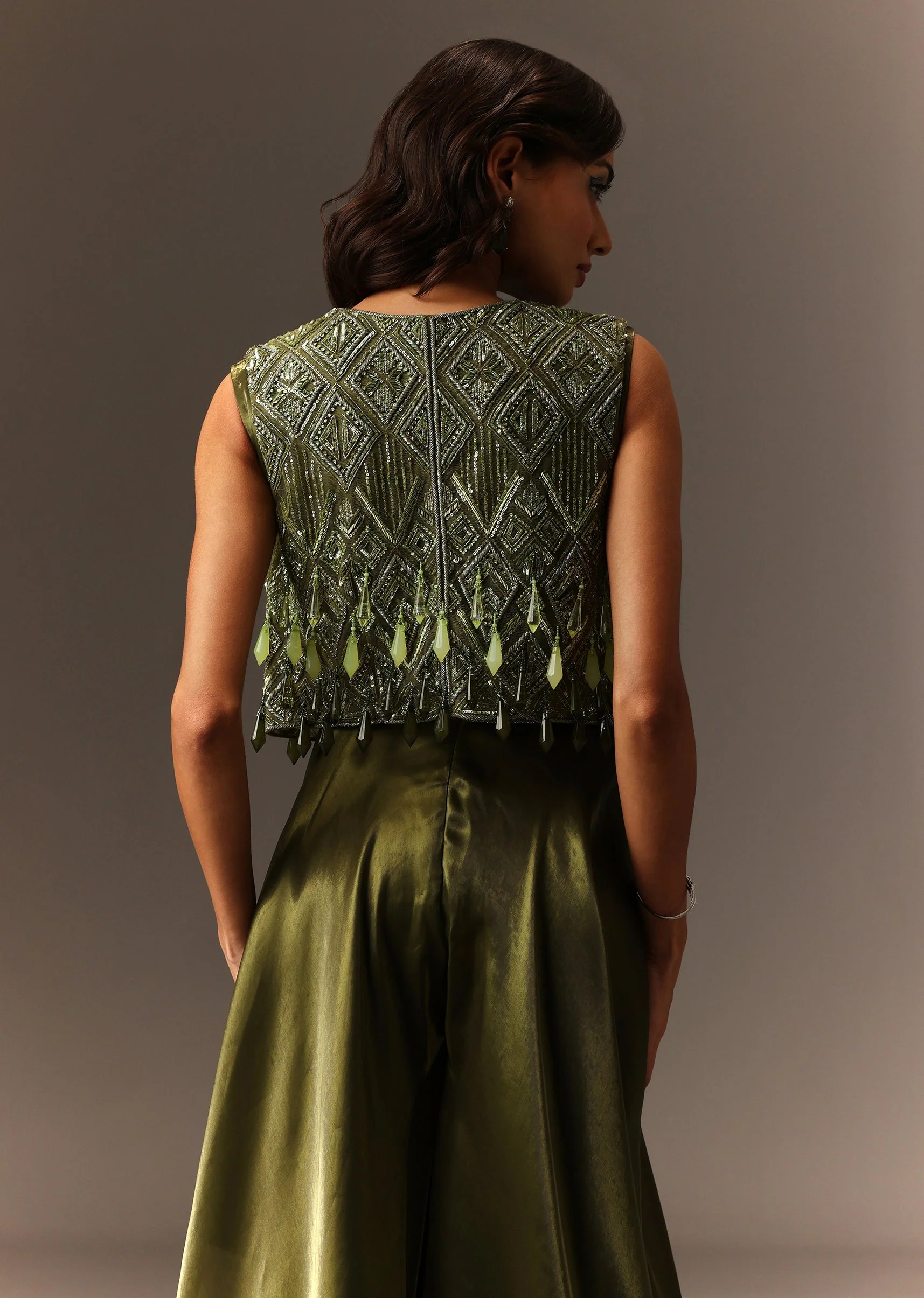 Mehendi Green Contemporary Duo – Embroidered Jumpsuit For Her And Muslin Jacket Kurta Set For Him - Image 7