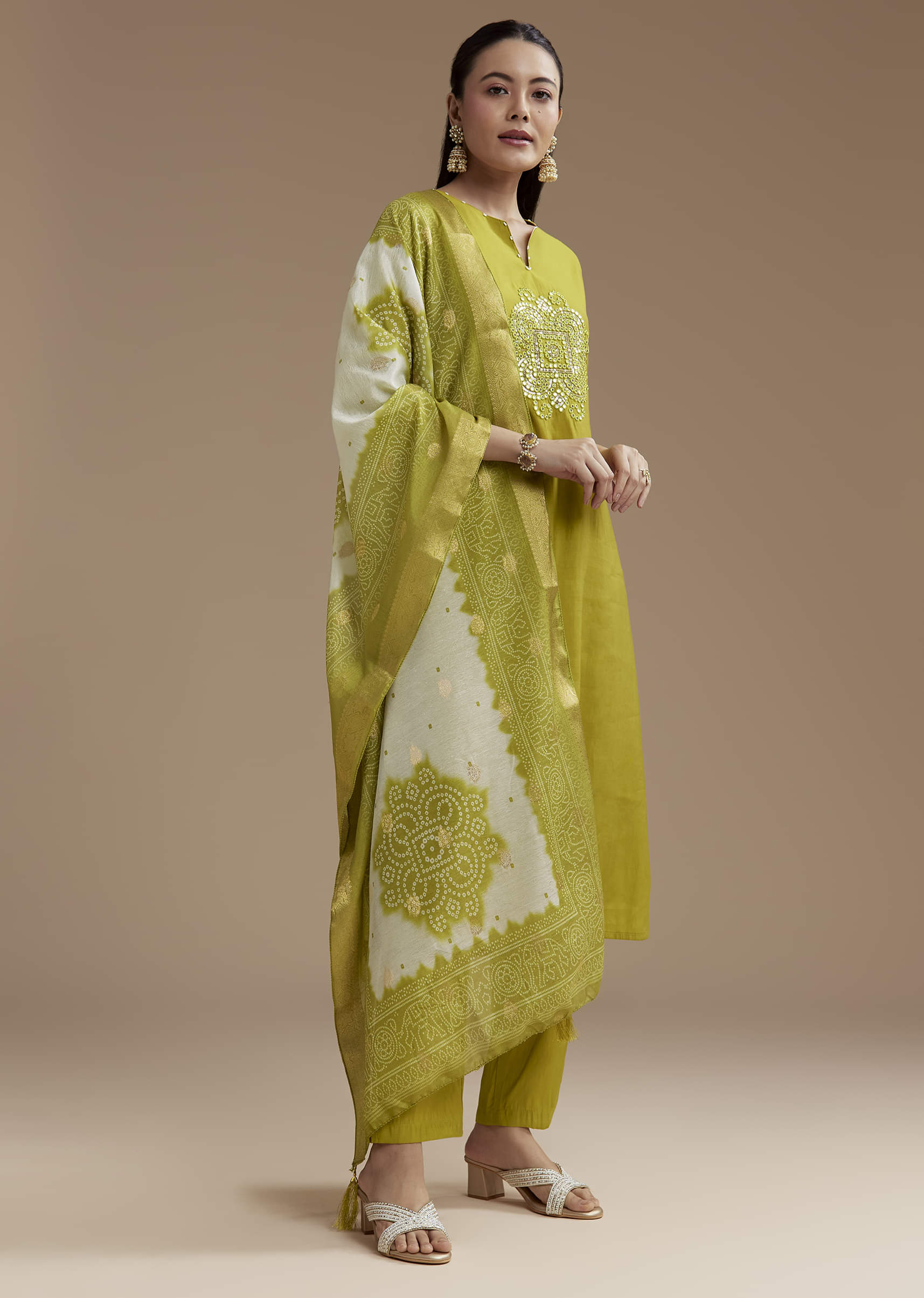 Mehendi Green Cotton Silk Kurta Set with Foil Mirror - Image 3