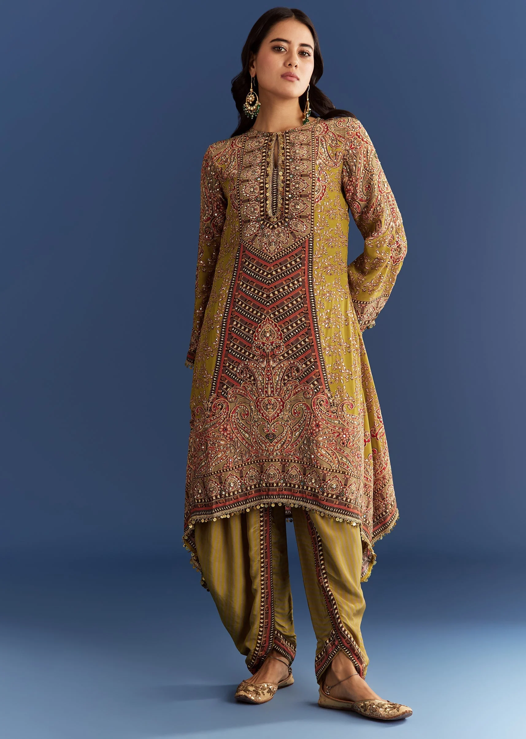 Mehendi Green Crepe Asymmetrical Printed Kurta With Striped Printed Dhoti - Image 3
