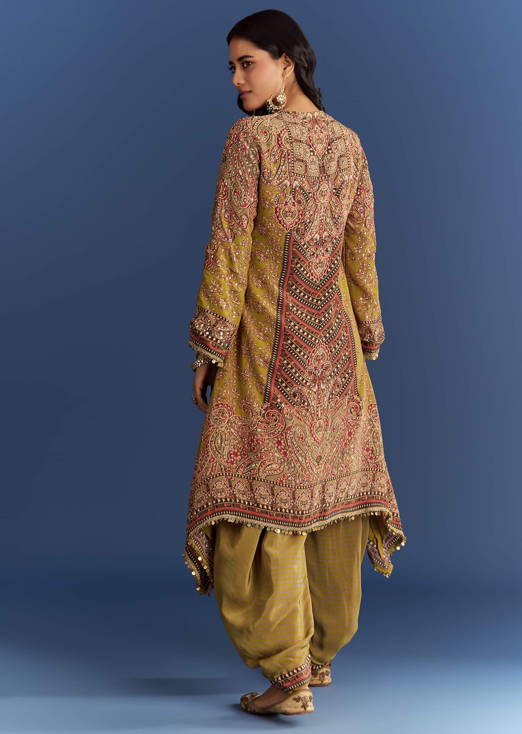 Mehendi Green Crepe Asymmetrical Printed Kurta With Striped Printed Dhoti - Image 5