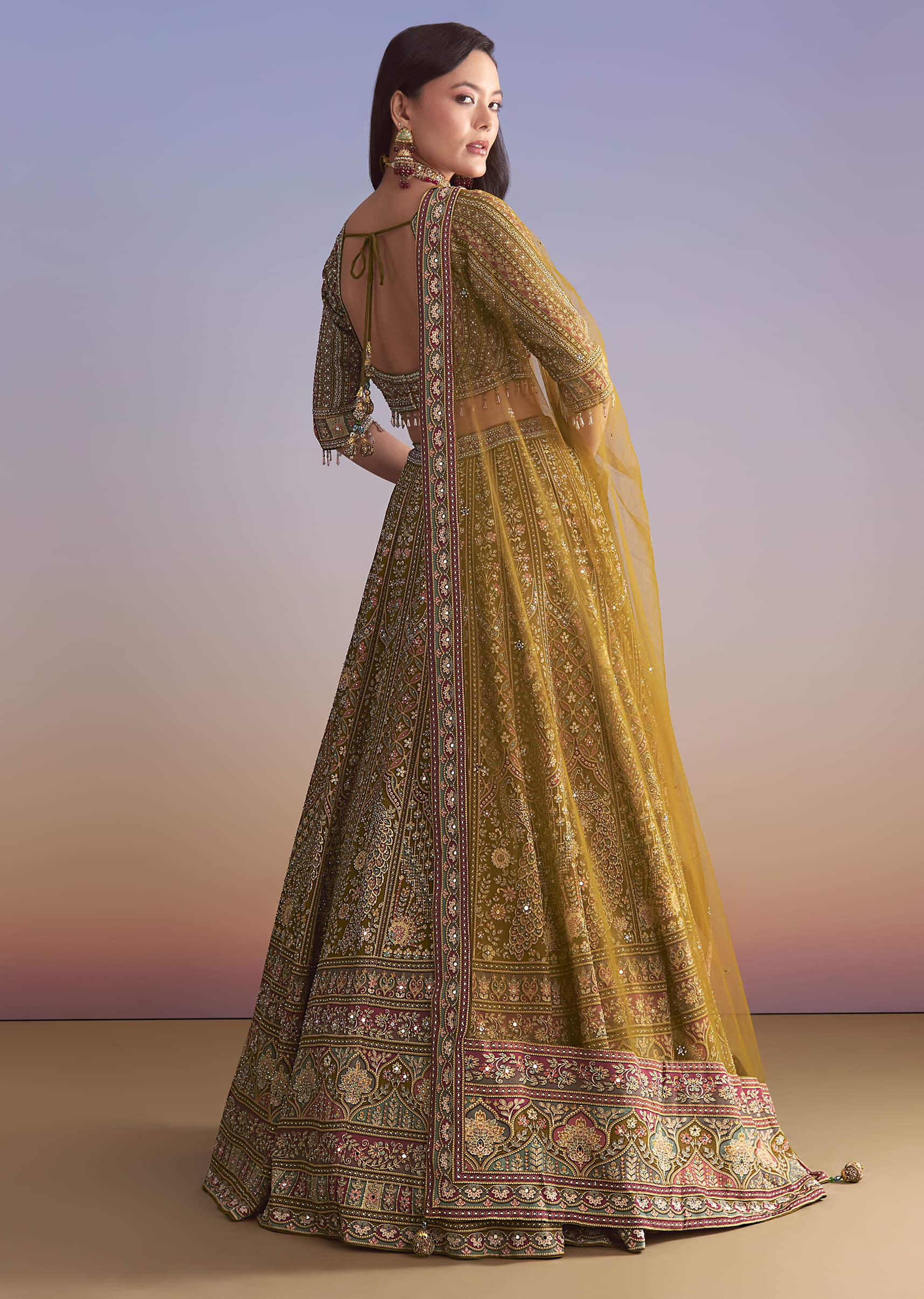 Mehendi Green Crepe Printed Bridesmaid Lehenga With Mirror And Sequin Work - Image 2