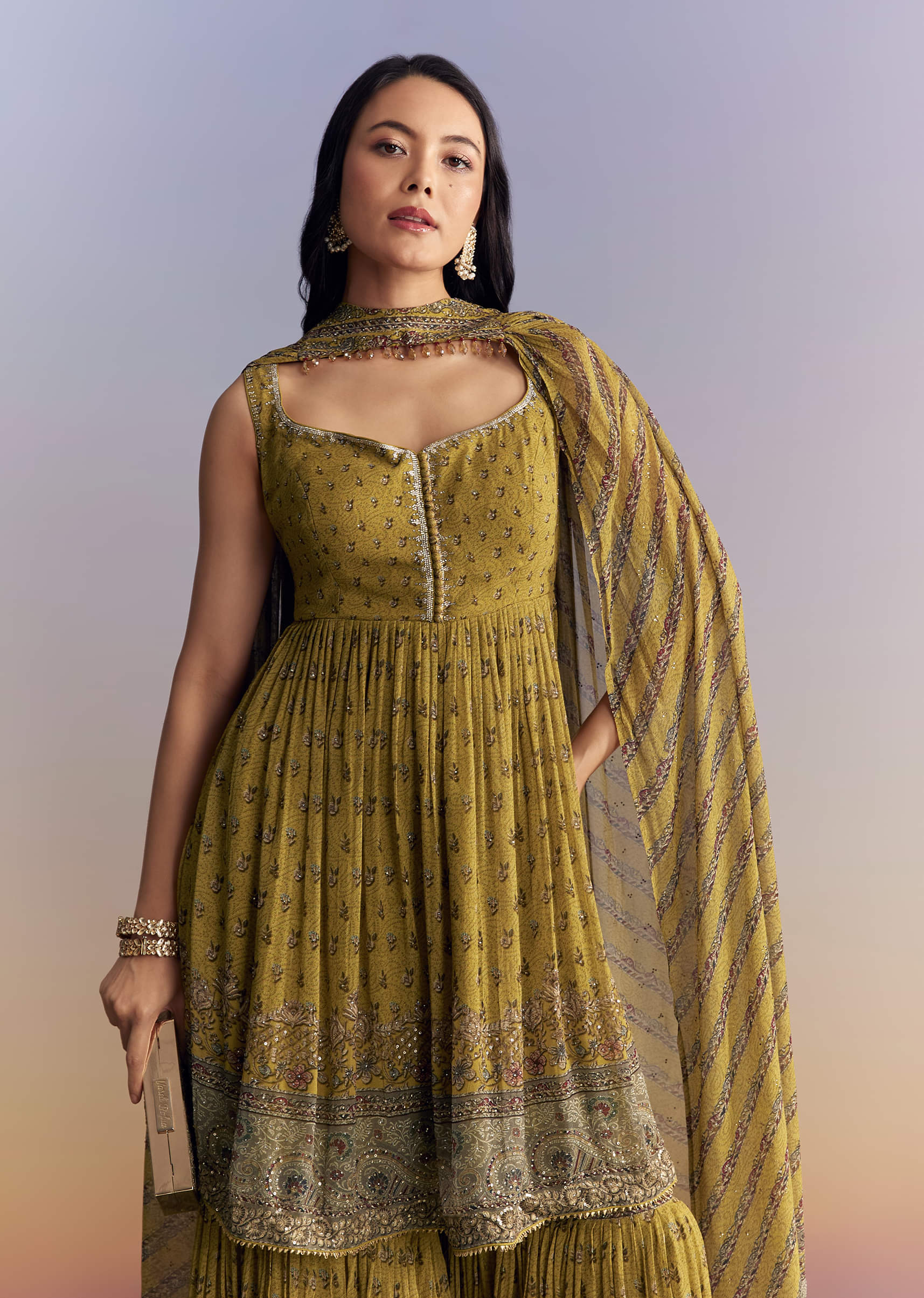 Mehendi Green Crepe Sharara Suit With Indie Print And Stone Work - Image 4