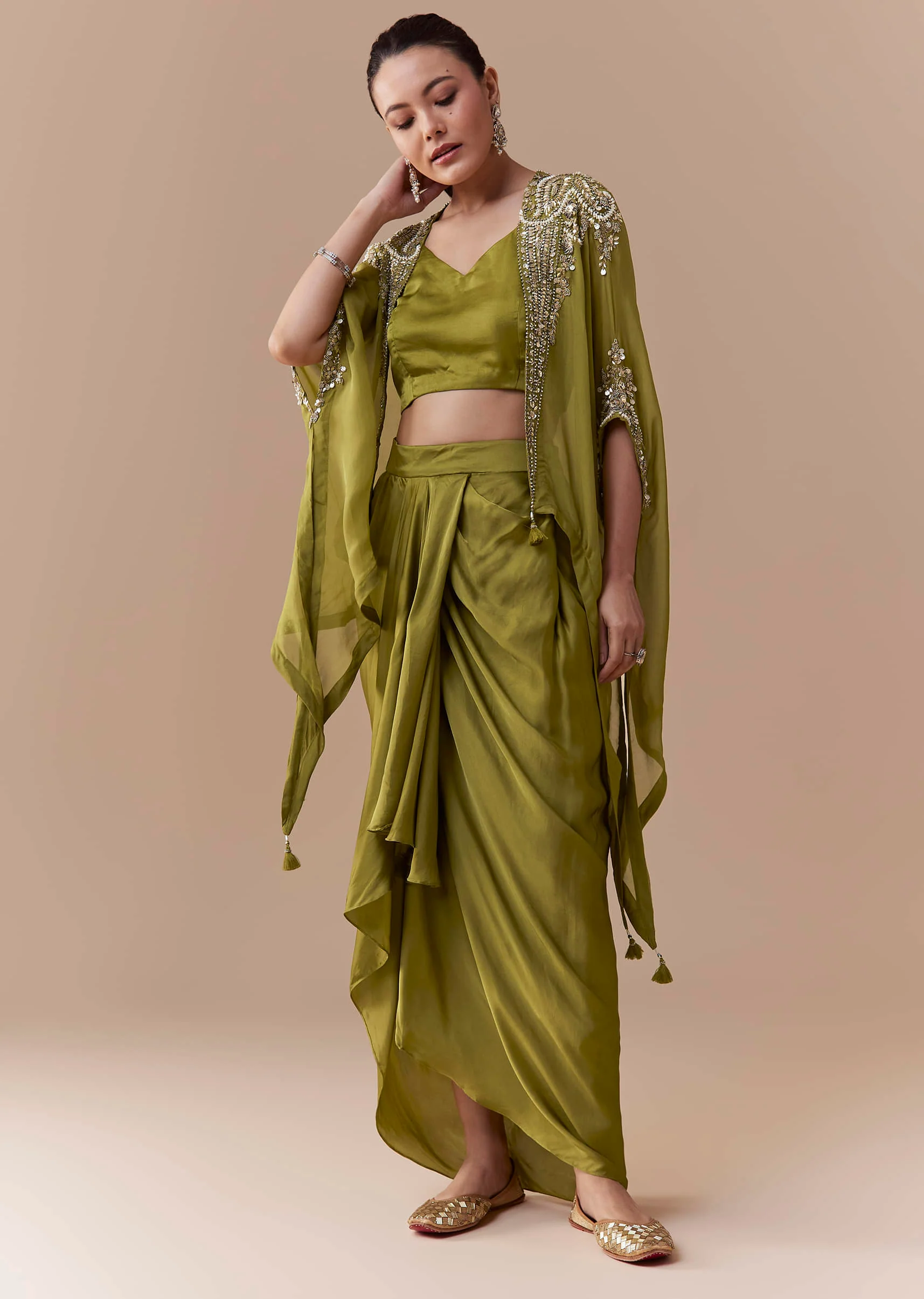 Mehendi Green Crop Top Draped Skirt Set with Sequin Cape - Image 3
