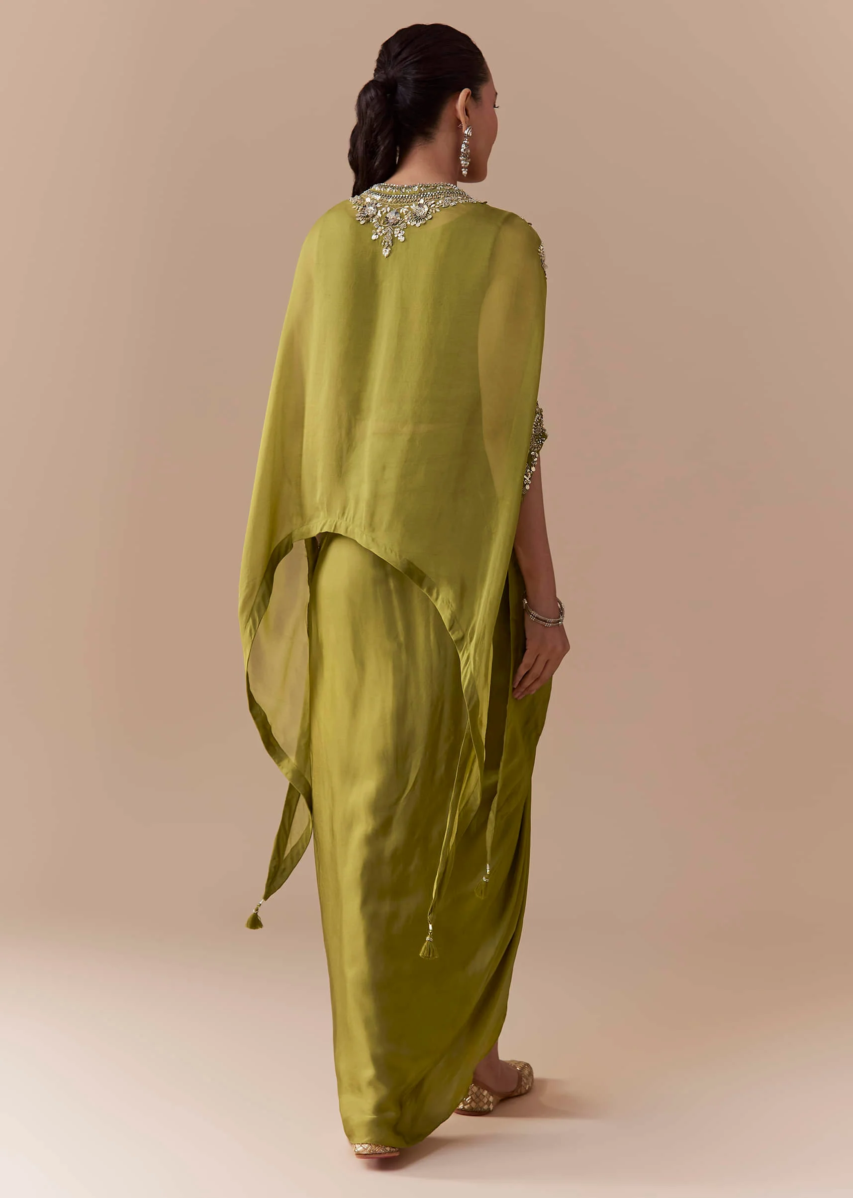 Mehendi Green Crop Top Draped Skirt Set with Sequin Cape - Image 5