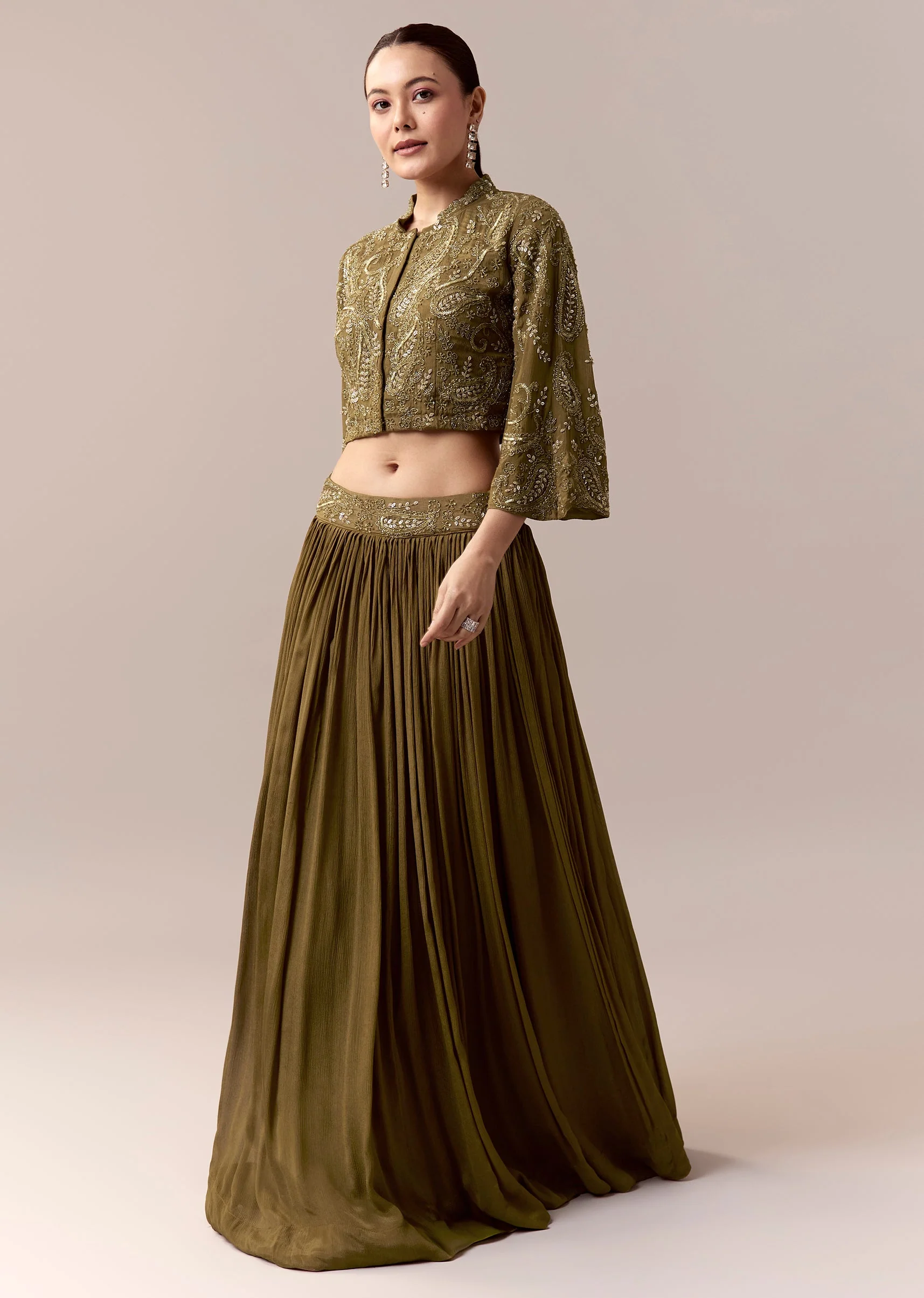 Mehendi Green Crop Top Skirt Indo Western With Cut Dana Sequins Work