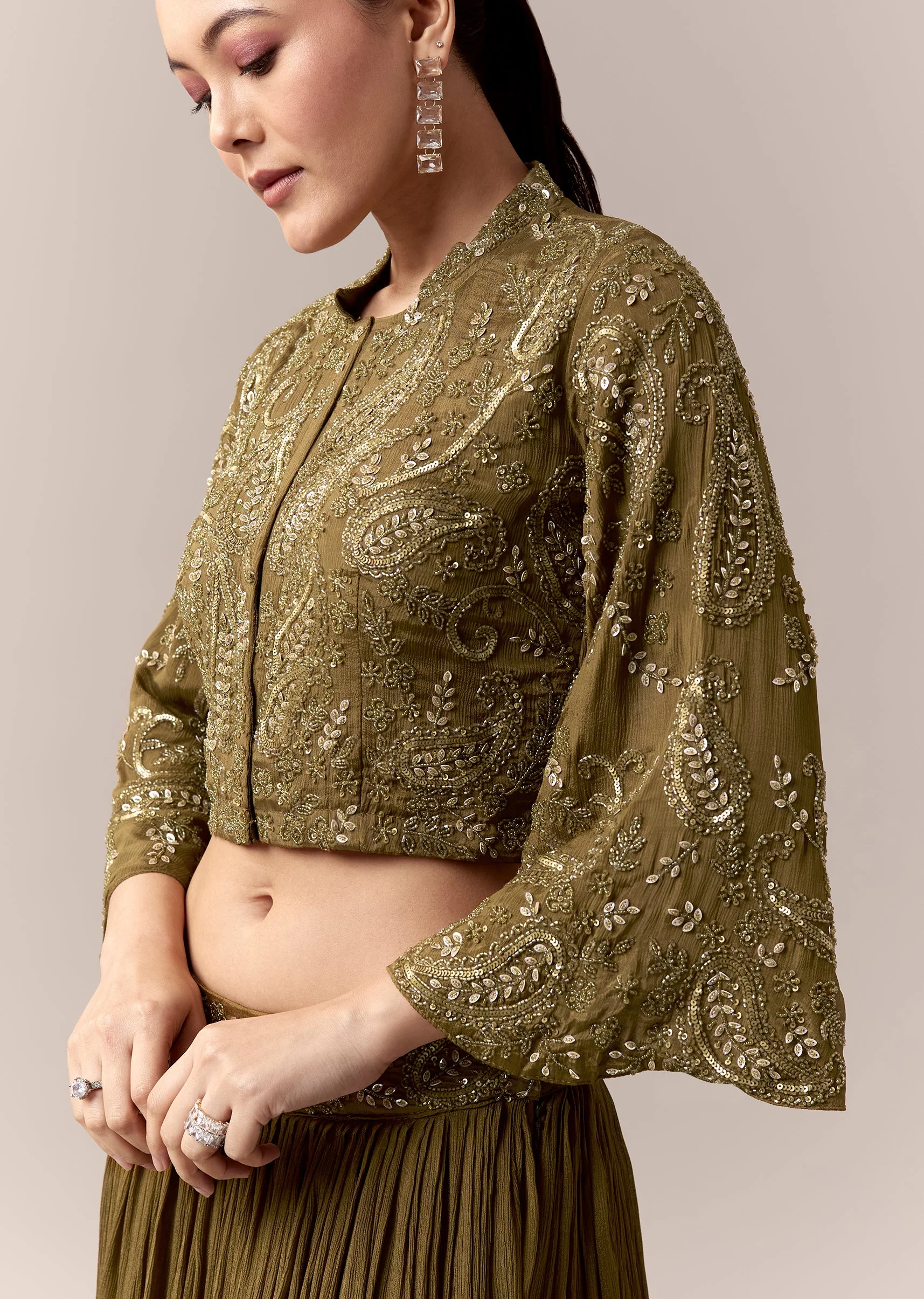 Mehendi Green Crop Top Skirt Indo Western With Cut Dana Sequins Work - Image 2