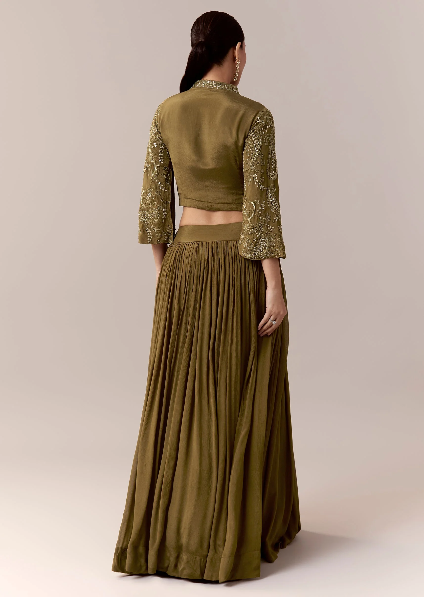Mehendi Green Crop Top Skirt Indo Western With Cut Dana Sequins Work - Image 5