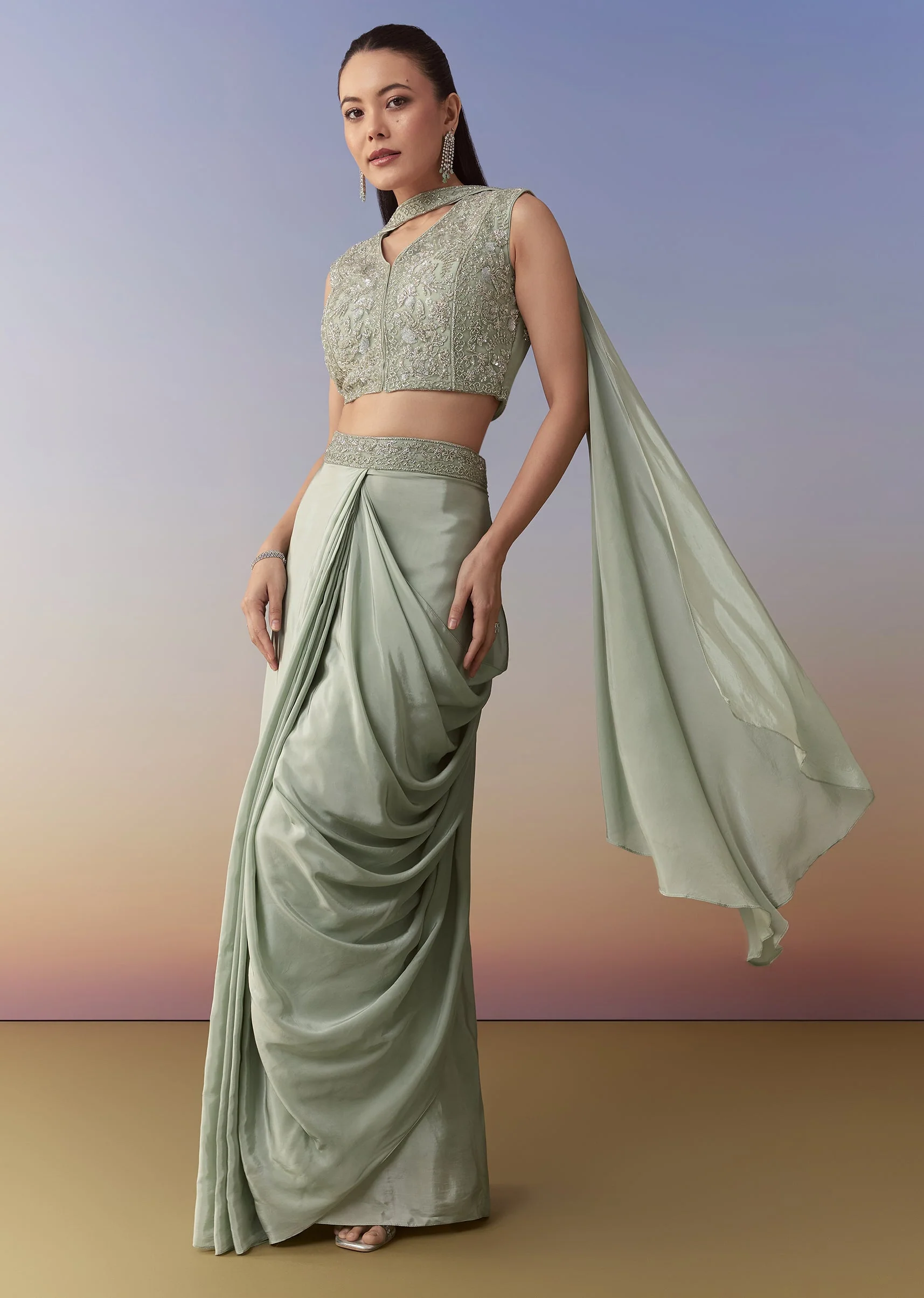 Mehendi Green Crop Top Skirt Set with Dupatta