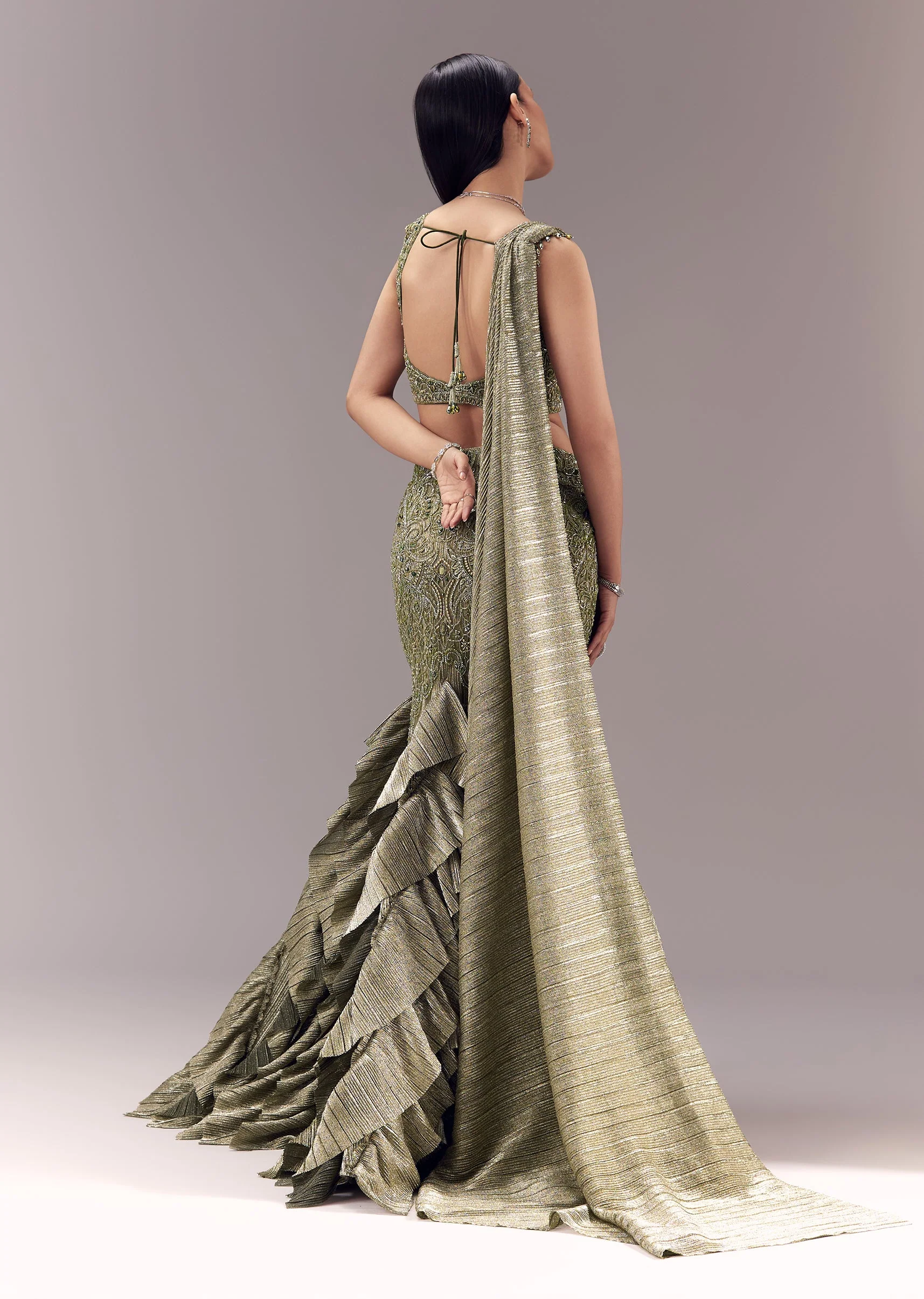 Mehendi Green Draped Blouse with Frill Skirt - Image 2