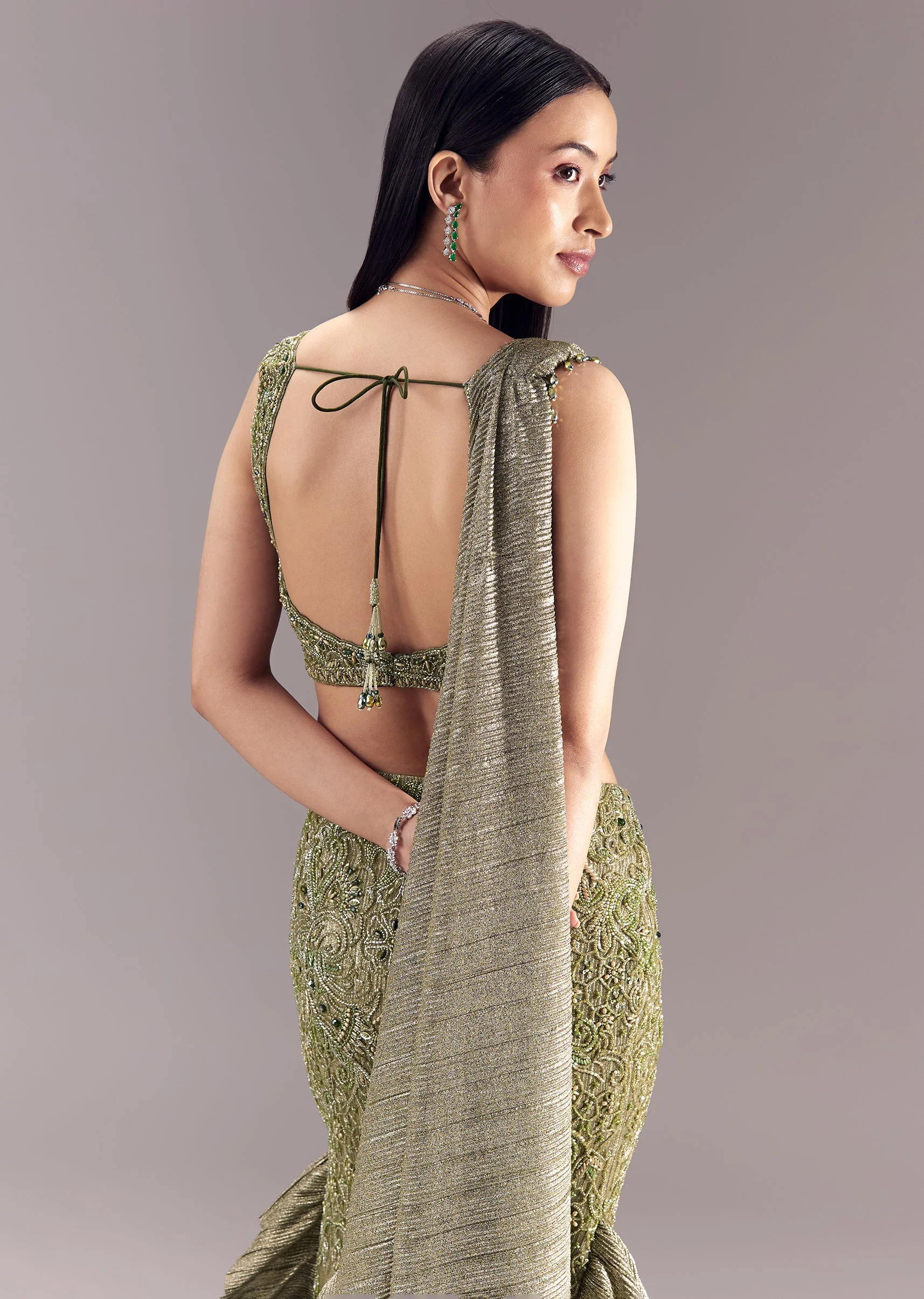 Mehendi Green Draped Blouse with Frill Skirt - Image 5