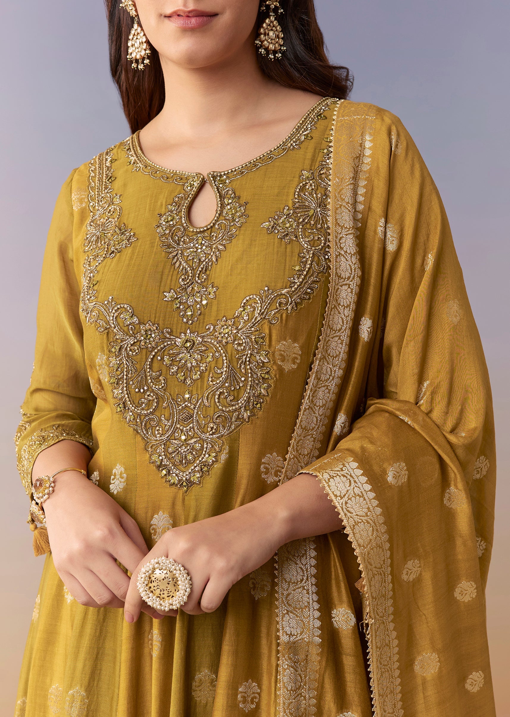 Mehendi Green Embellished Anarkali Suit Set With Palazzo And Dupatta - Image 2