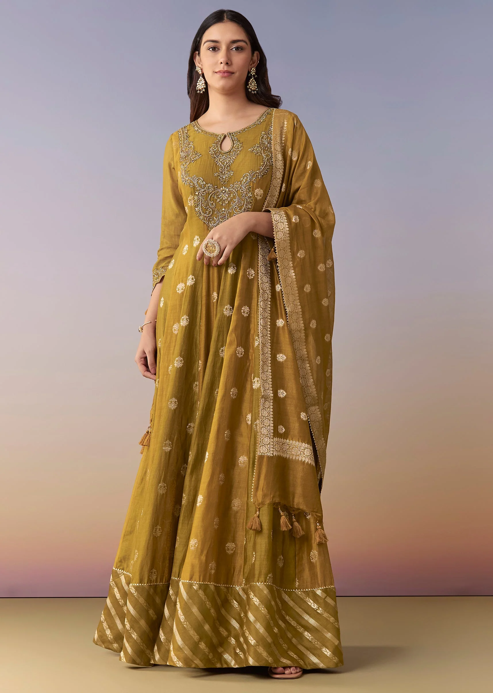 Mehendi Green Embellished Anarkali Suit Set With Palazzo And Dupatta - Image 3