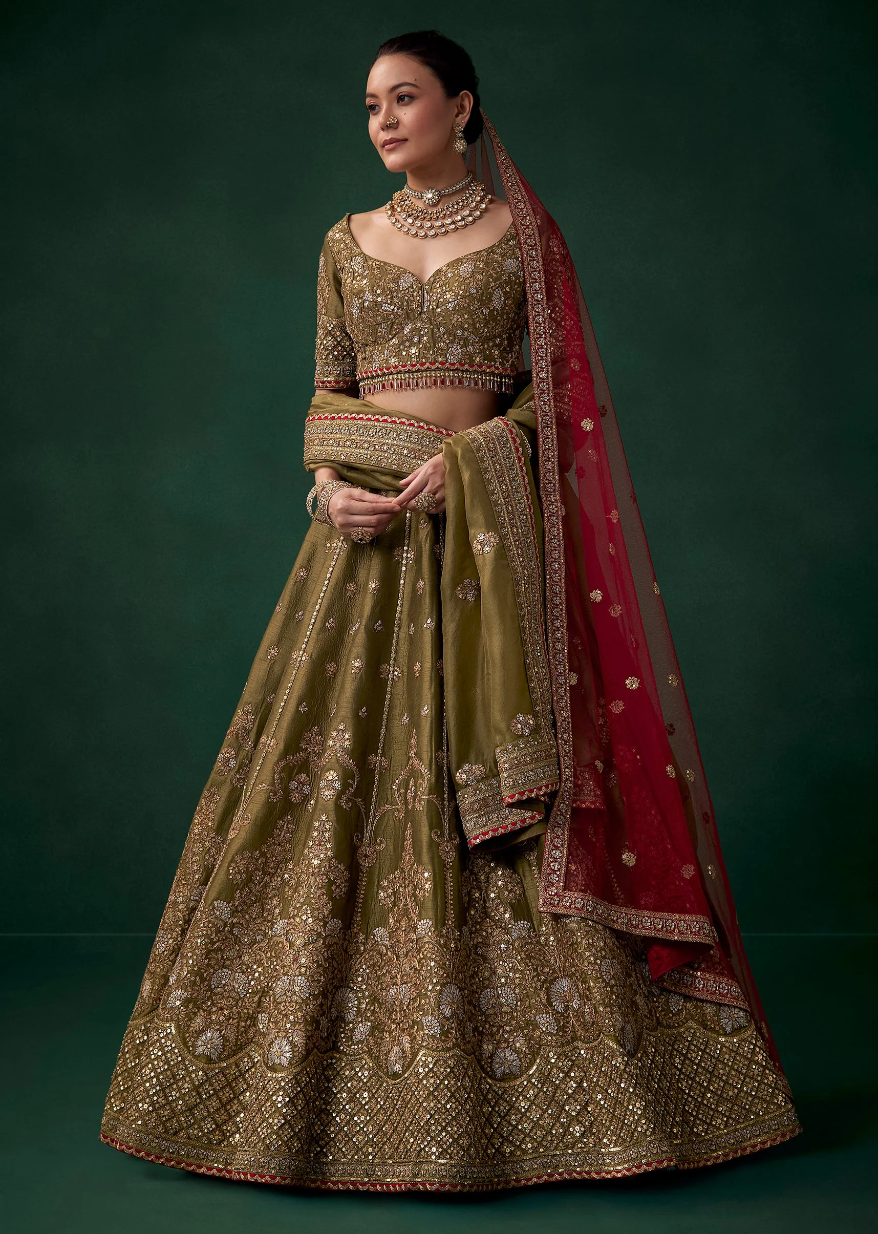 Mehendi Green Embroidered Bridal Lehenga Set in Silk - Image 4
