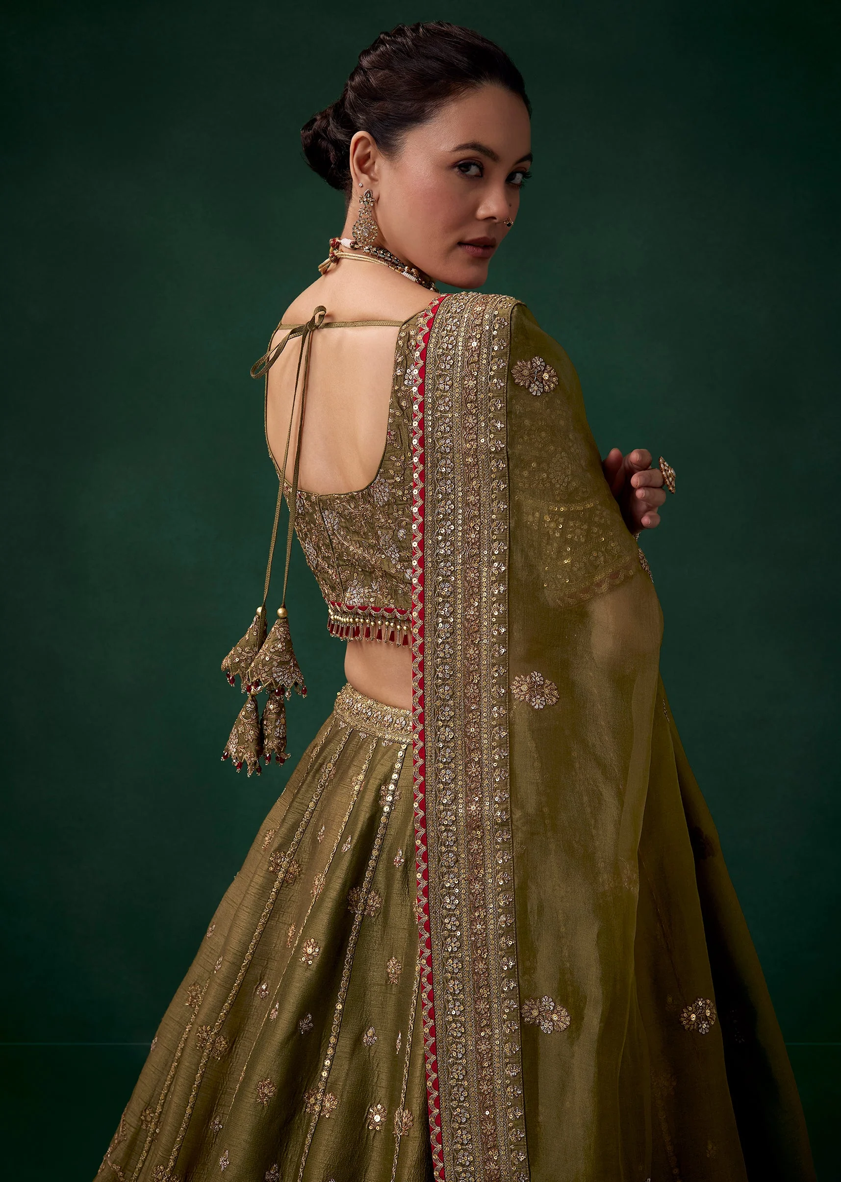 Mehendi Green Embroidered Bridal Lehenga Set in Silk - Image 5