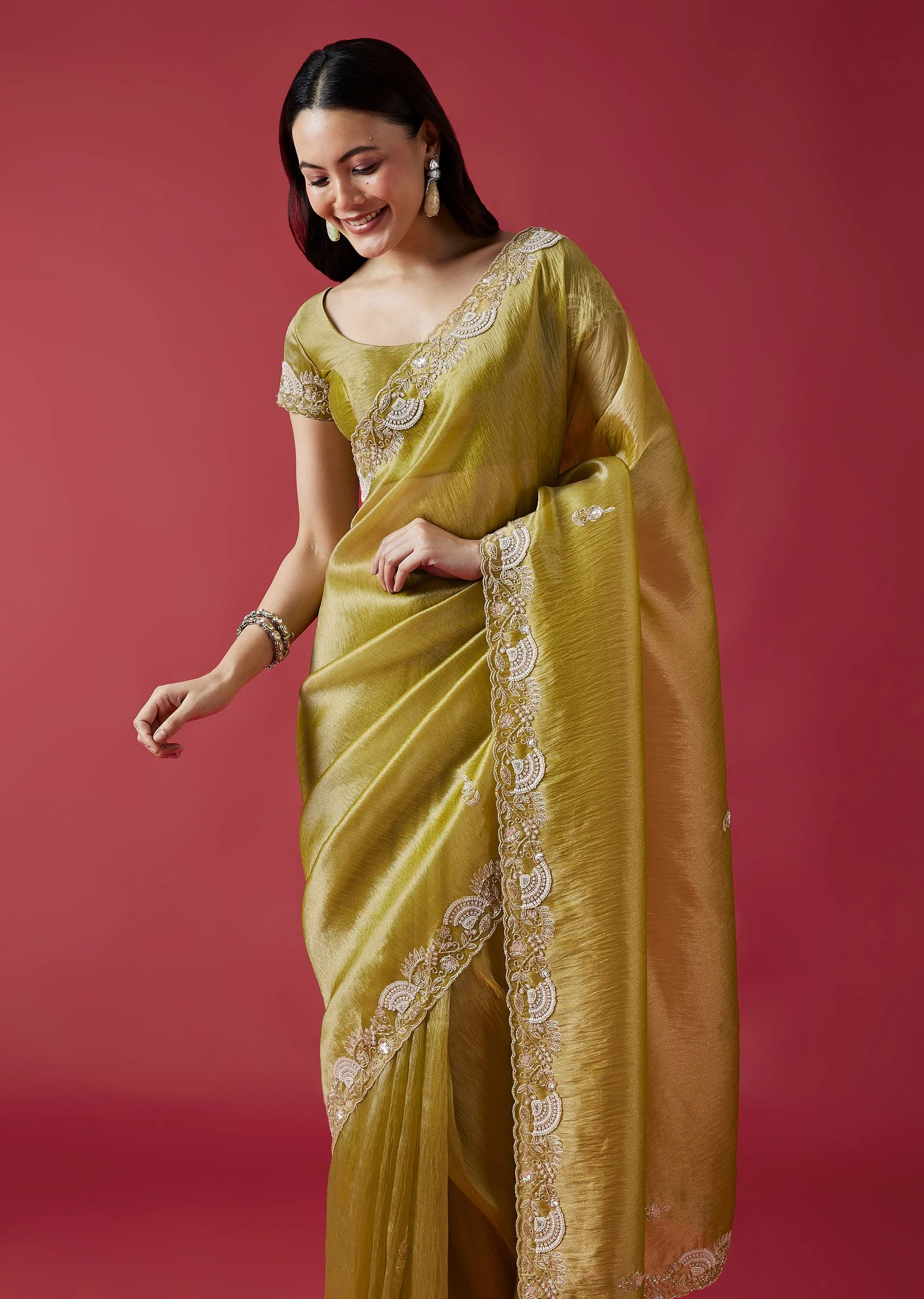 Mehendi Green Embroidered Crush Tissue Saree With Zardosi Work - Image 5