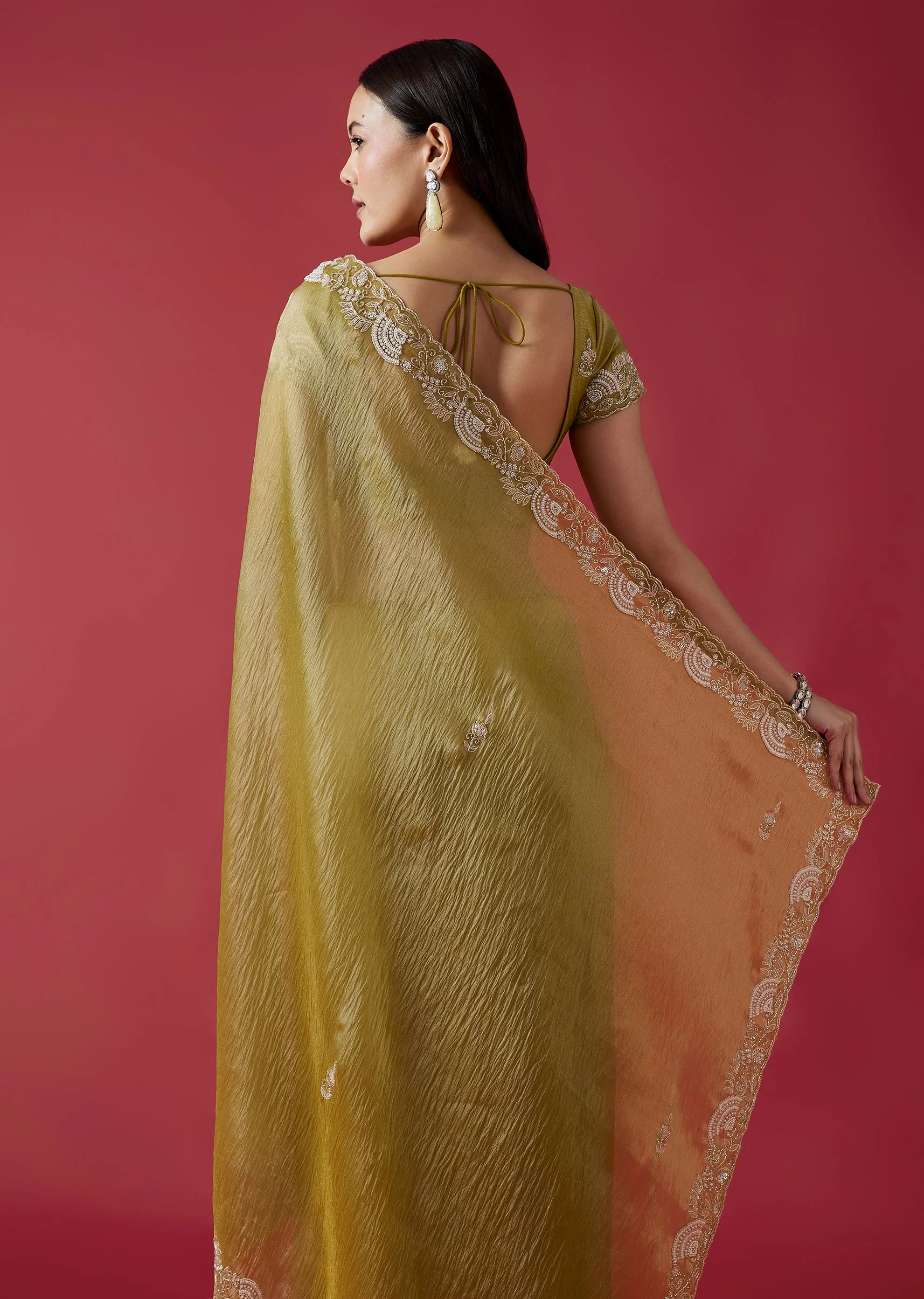 Mehendi Green Embroidered Crush Tissue Saree With Zardosi Work - Image 6