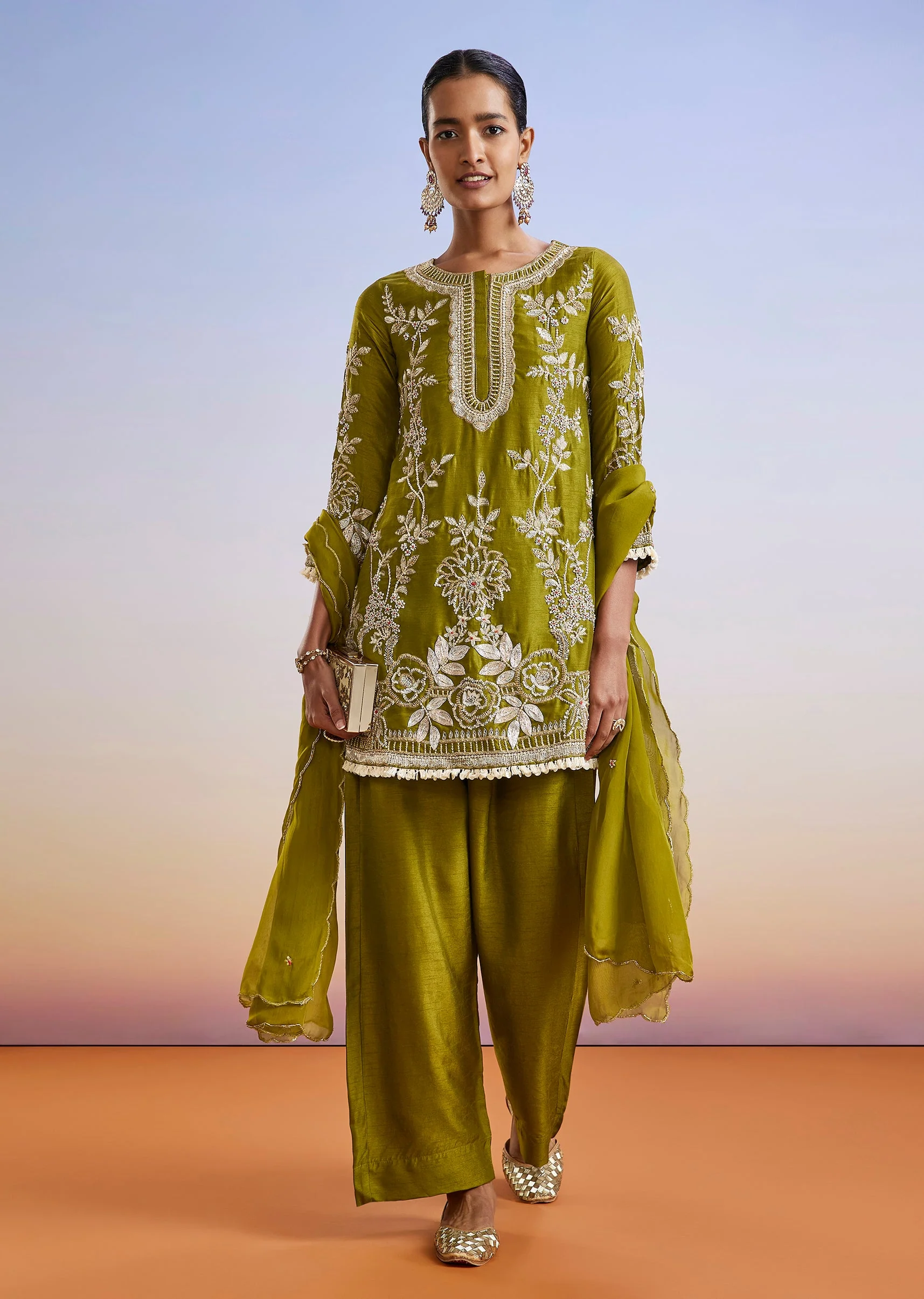 Mehendi Green Embroidered Silk Palazzo Suit With Dupatta - Image 3