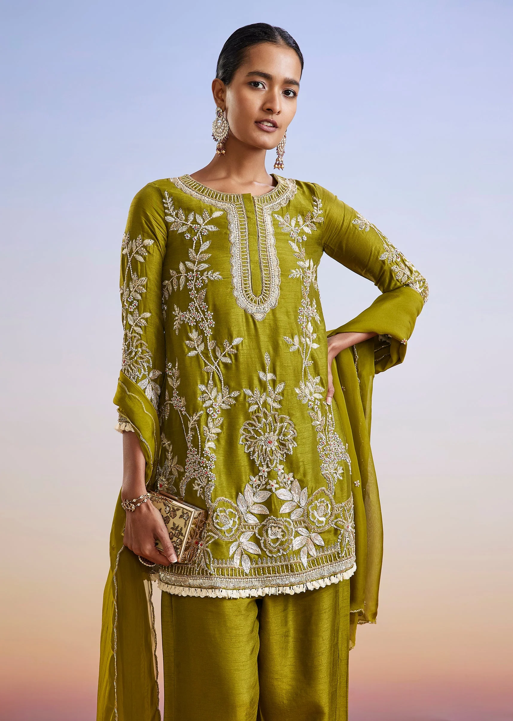 Mehendi Green Embroidered Silk Palazzo Suit With Dupatta - Image 4