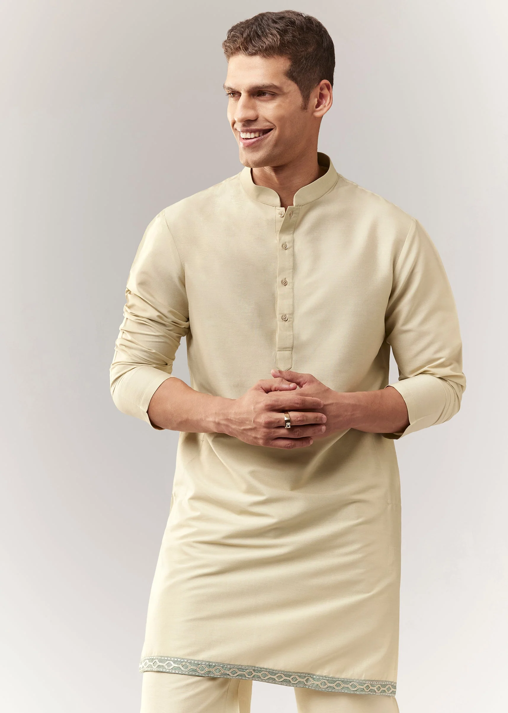 Mehendi Green Festive Duo – Crop Top Skirt Set For Her And Raw Silk Indo Western For Him - Image 10