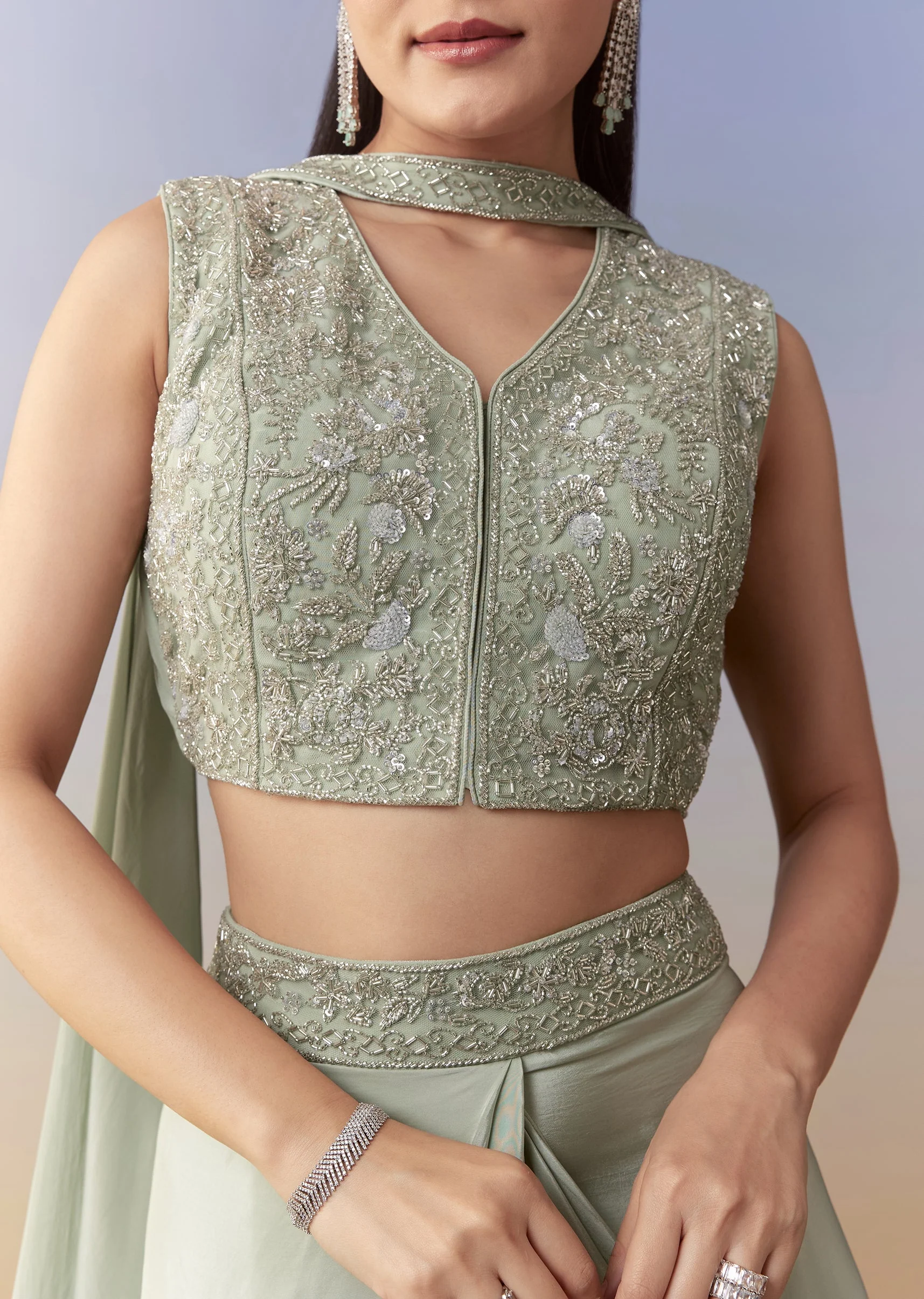 Mehendi Green Festive Duo – Crop Top Skirt Set For Her And Raw Silk Indo Western For Him - Image 2