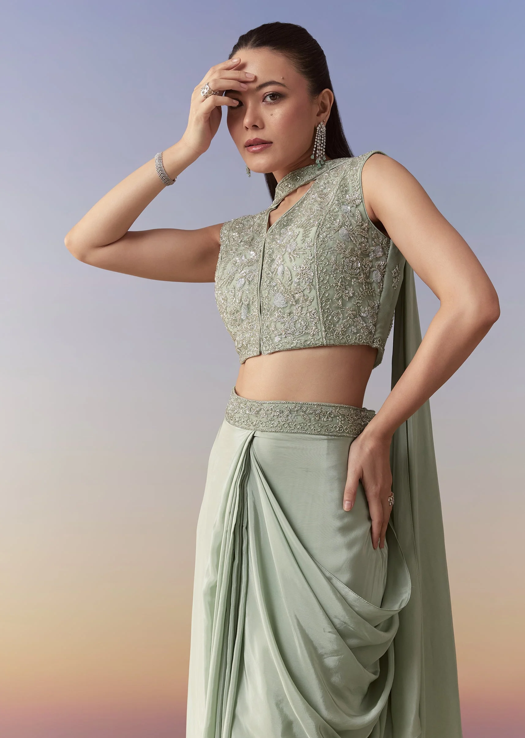 Mehendi Green Festive Duo – Crop Top Skirt Set For Her And Raw Silk Indo Western For Him - Image 4