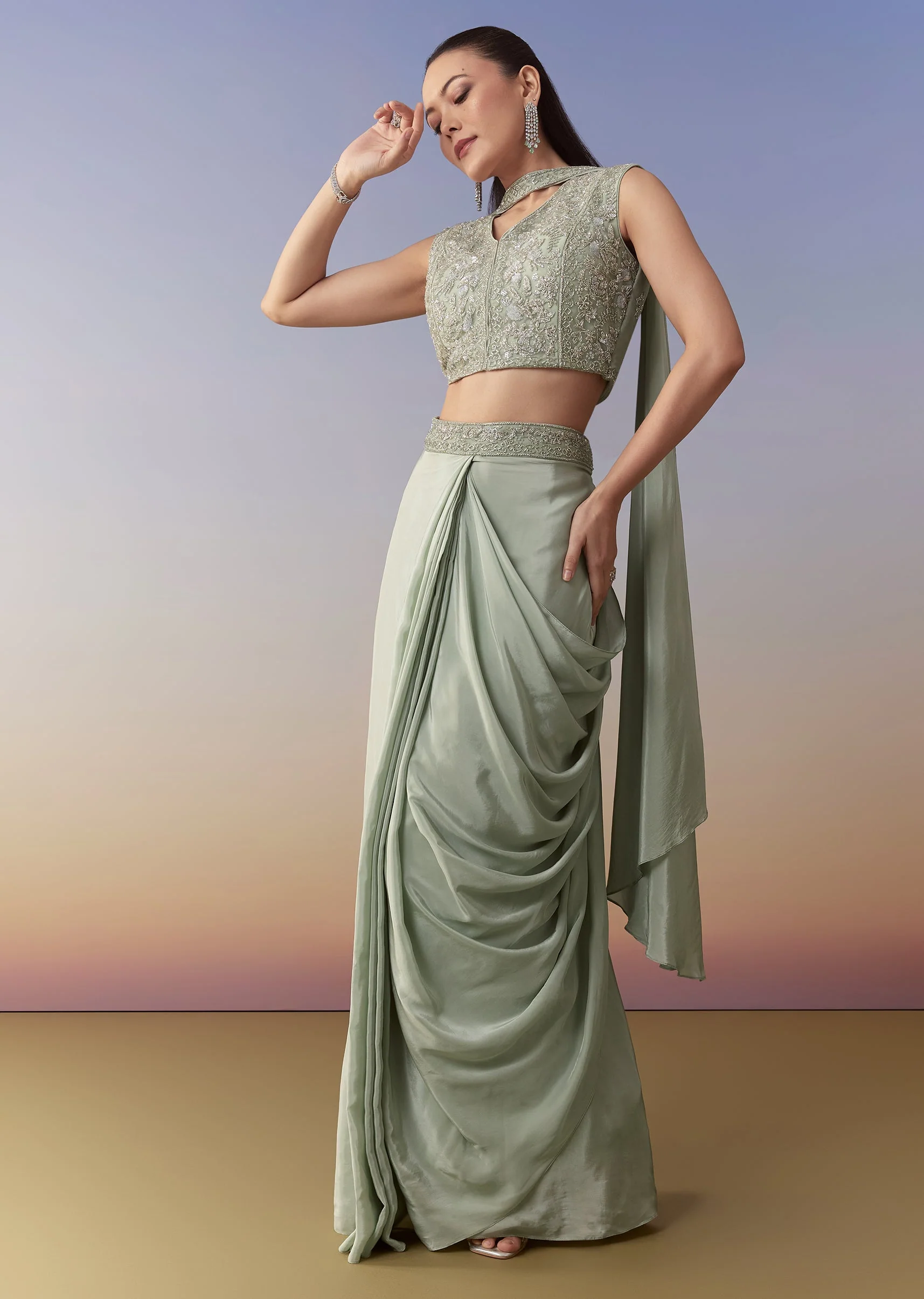 Mehendi Green Festive Duo – Crop Top Skirt Set For Her And Raw Silk Indo Western For Him - Image 5