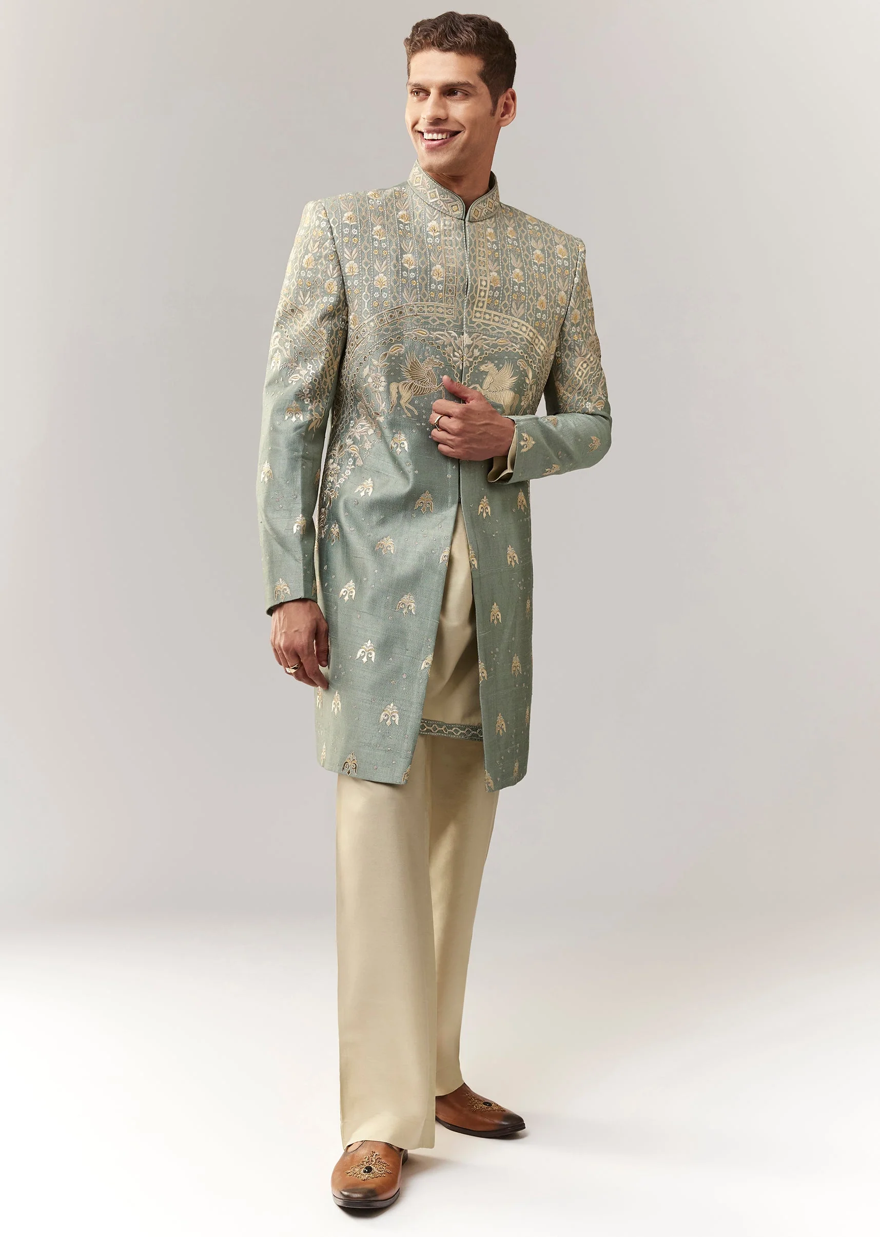 Mehendi Green Festive Duo – Crop Top Skirt Set For Her And Raw Silk Indo Western For Him - Image 7