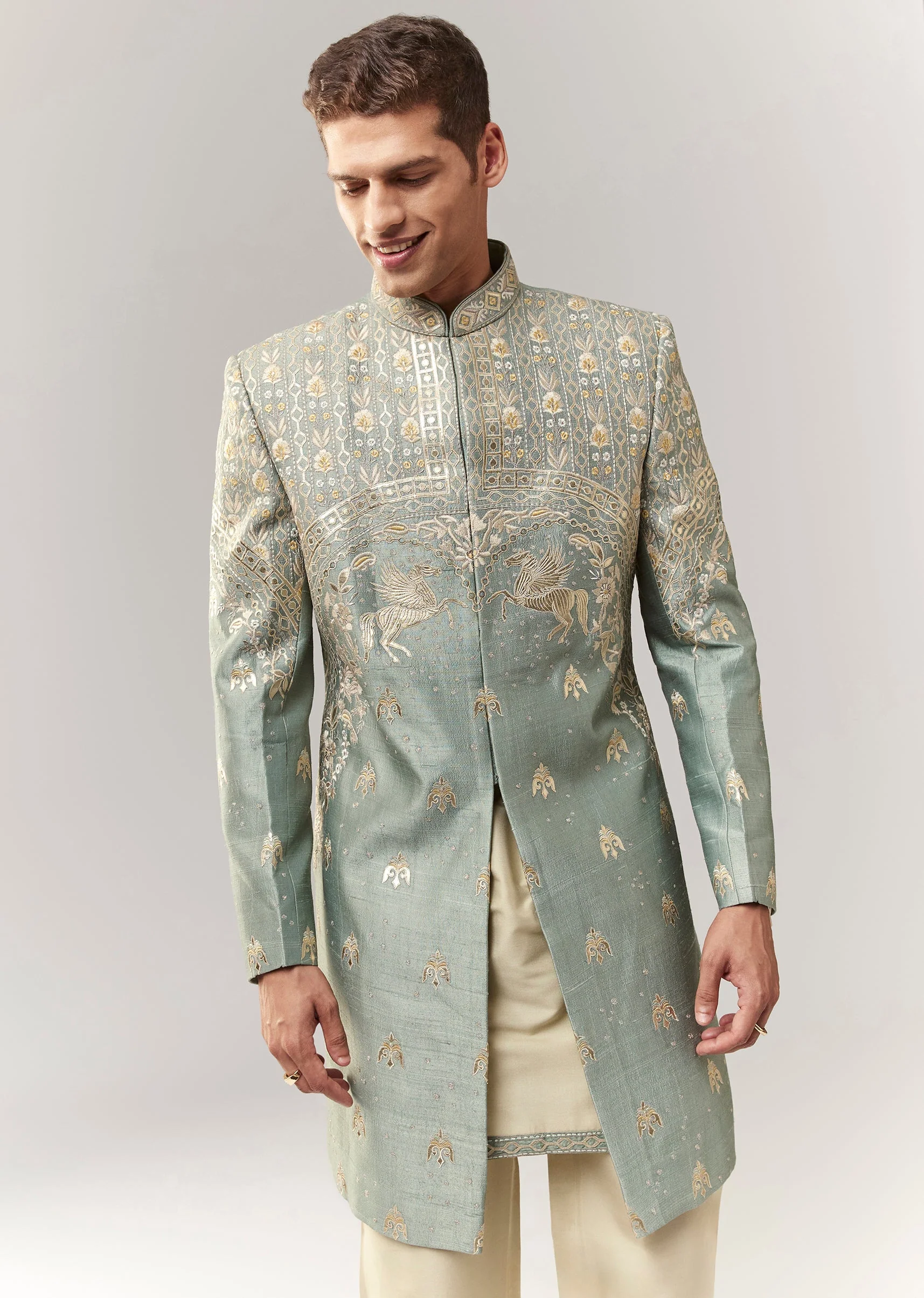 Mehendi Green Festive Duo – Crop Top Skirt Set For Her And Raw Silk Indo Western For Him - Image 8