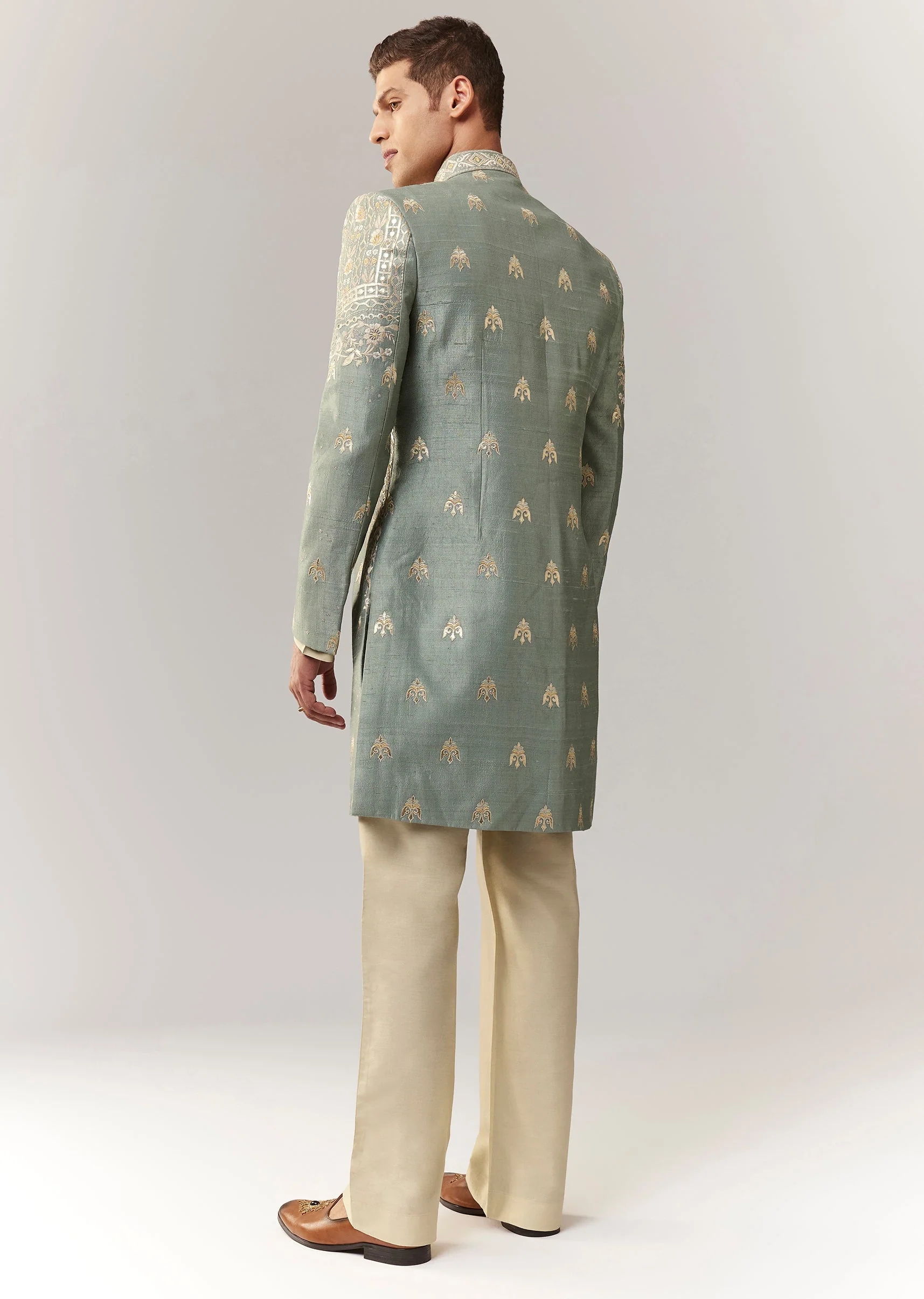 Mehendi Green Festive Duo – Crop Top Skirt Set For Her And Raw Silk Indo Western For Him - Image 9