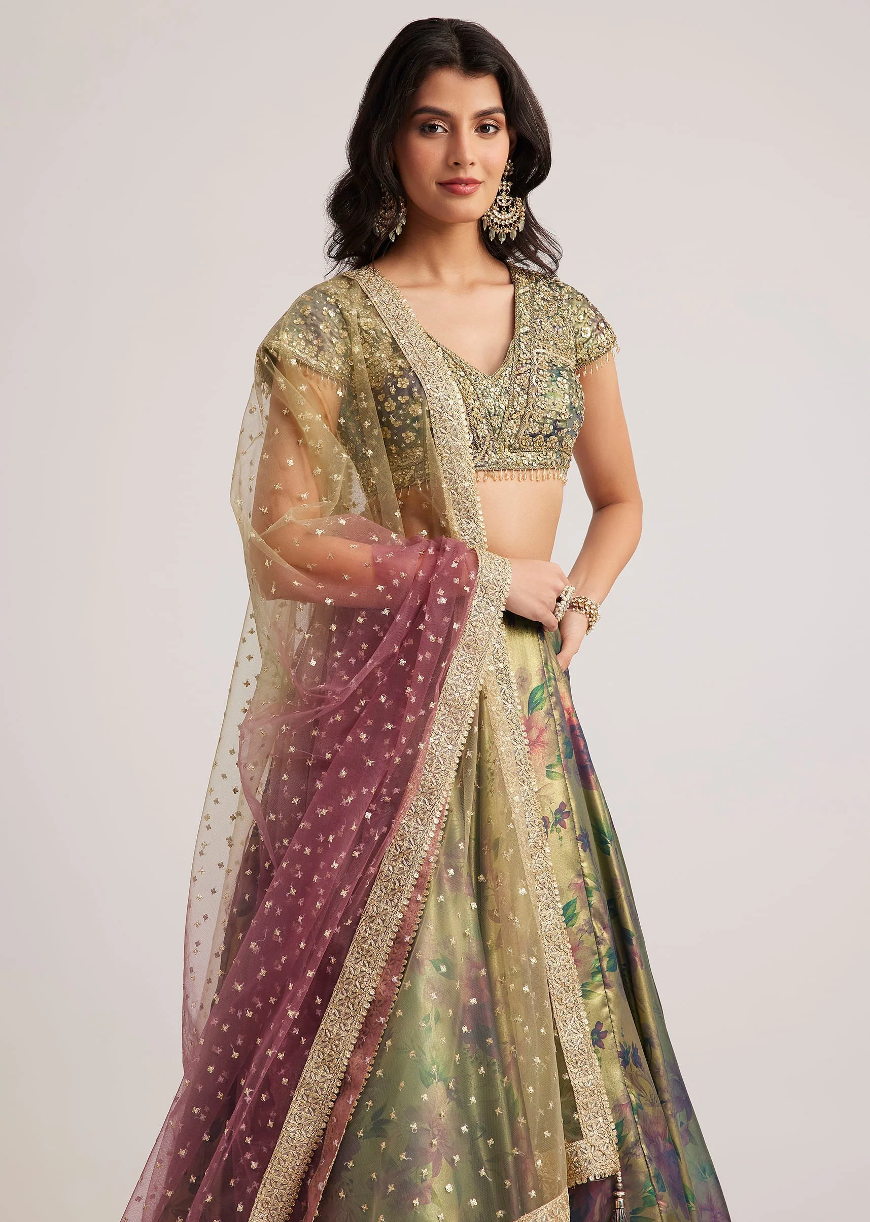 Mehendi Green Floral Printed Satin Lehenga Set - Image 2
