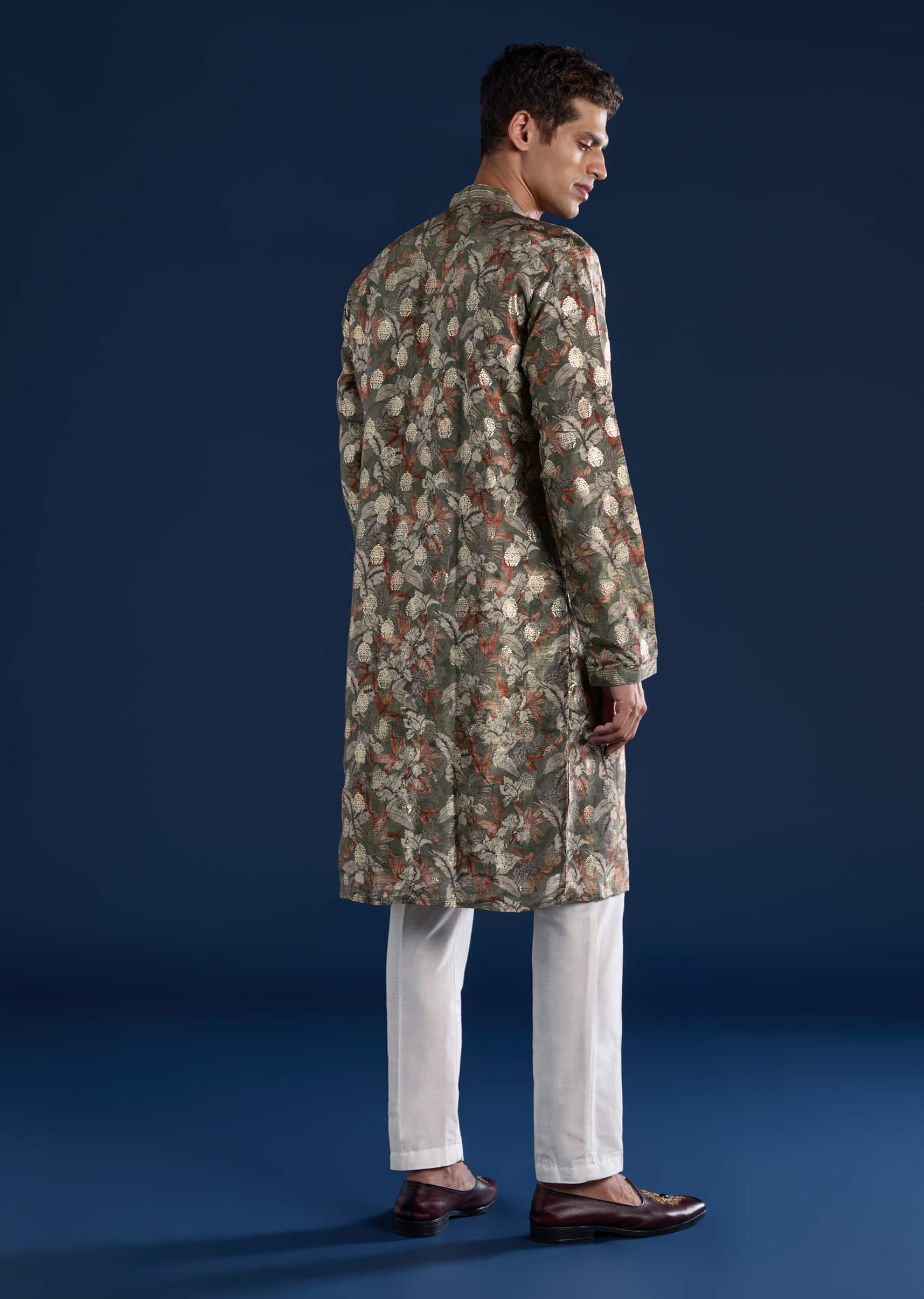 Mehendi Green Foil Work Mens Kurta and Pant Set - Image 5