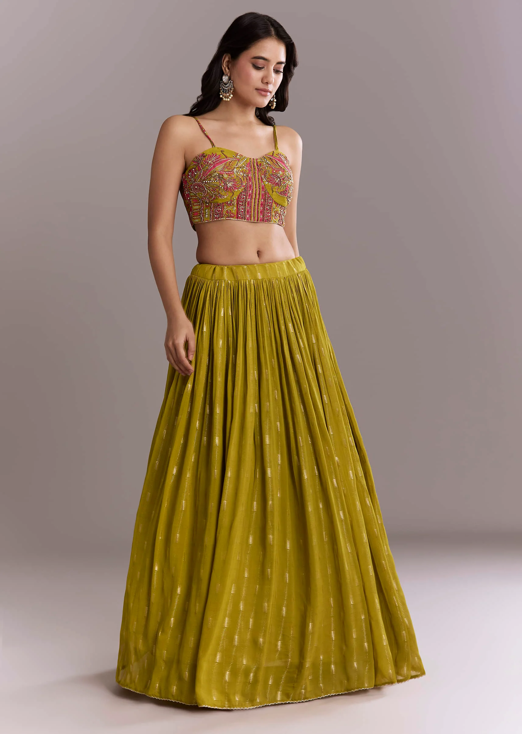 Mehendi Green Georgette Embroidery Crop Top And Printed Jacket With Skirt - Image 6