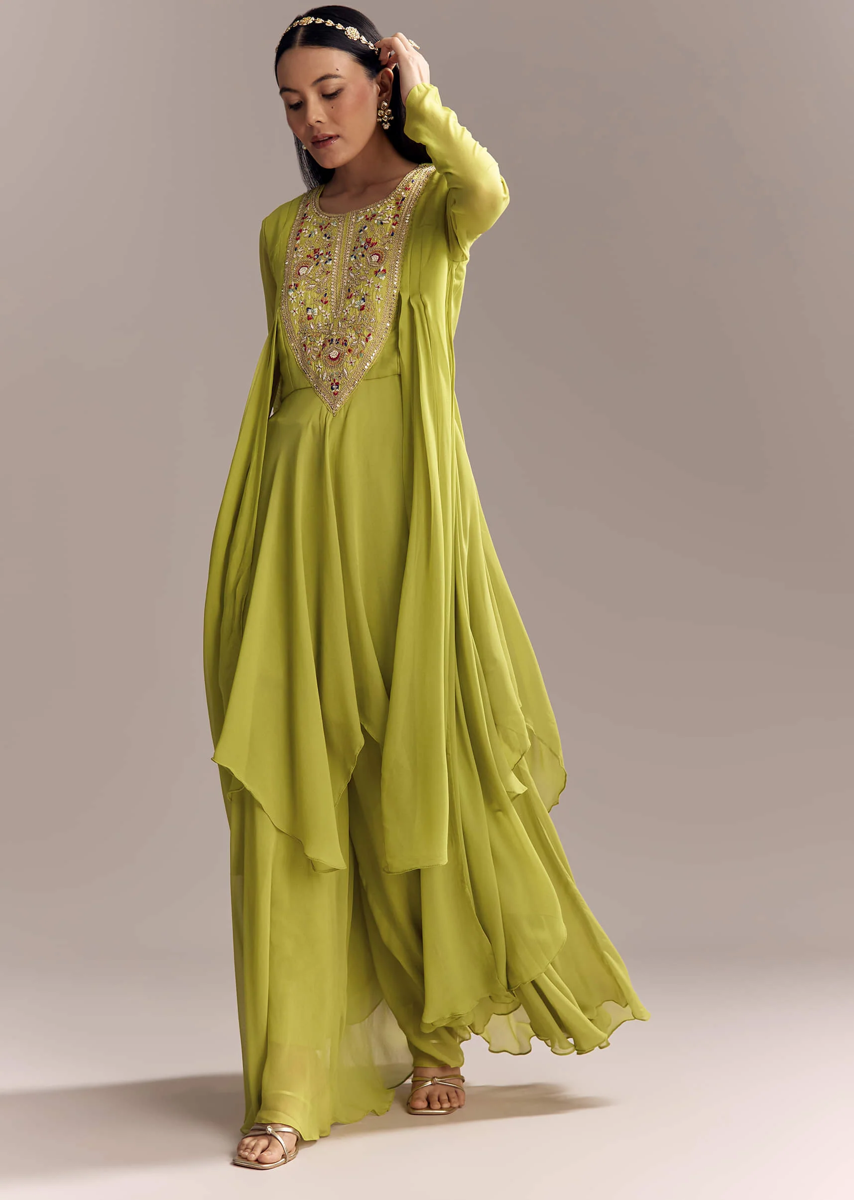 Mehendi Green Georgette Indo Western Kurta And Sharara Set With Embroidery