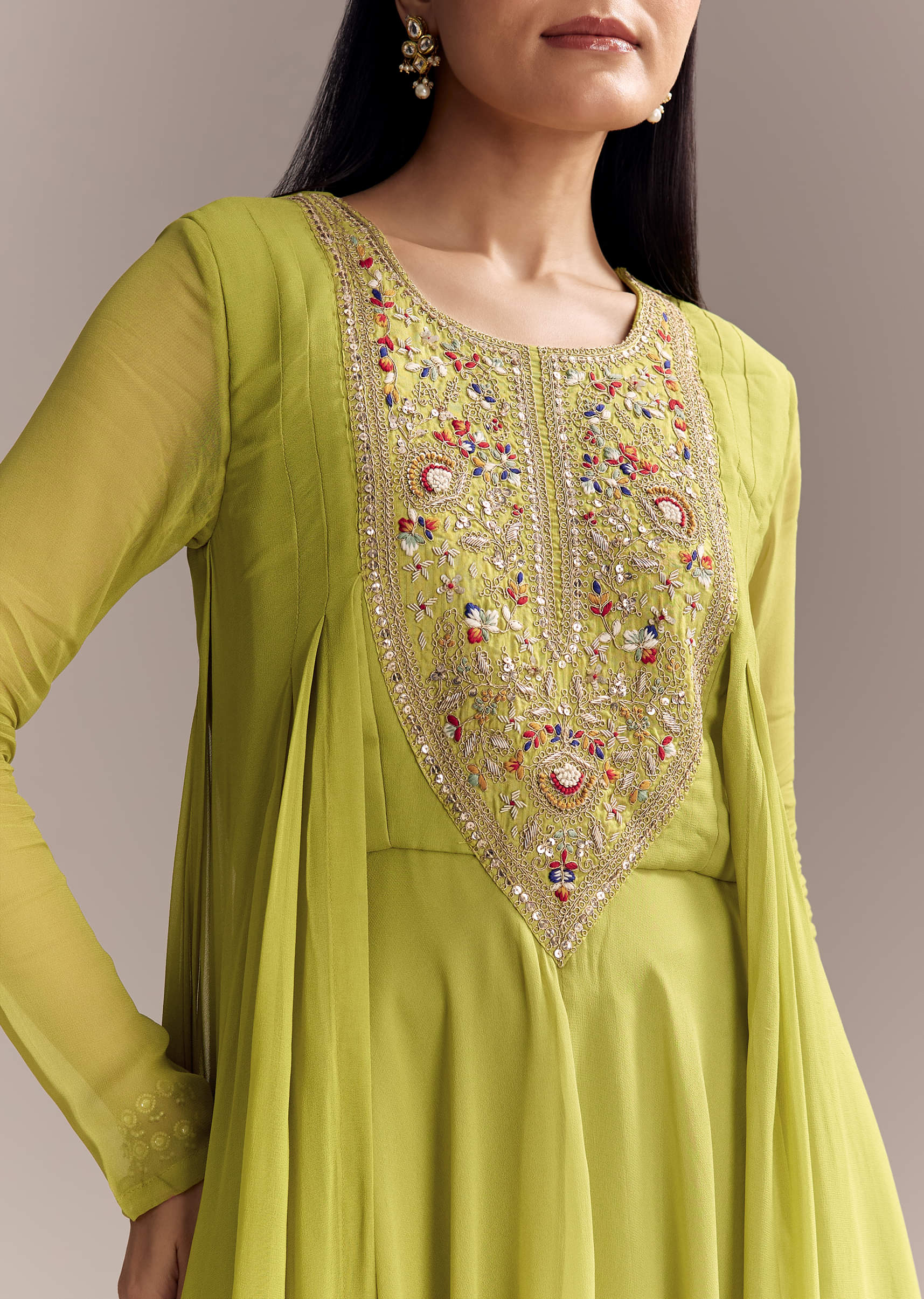 Mehendi Green Georgette Indo Western Kurta And Sharara Set With Embroidery - Image 2