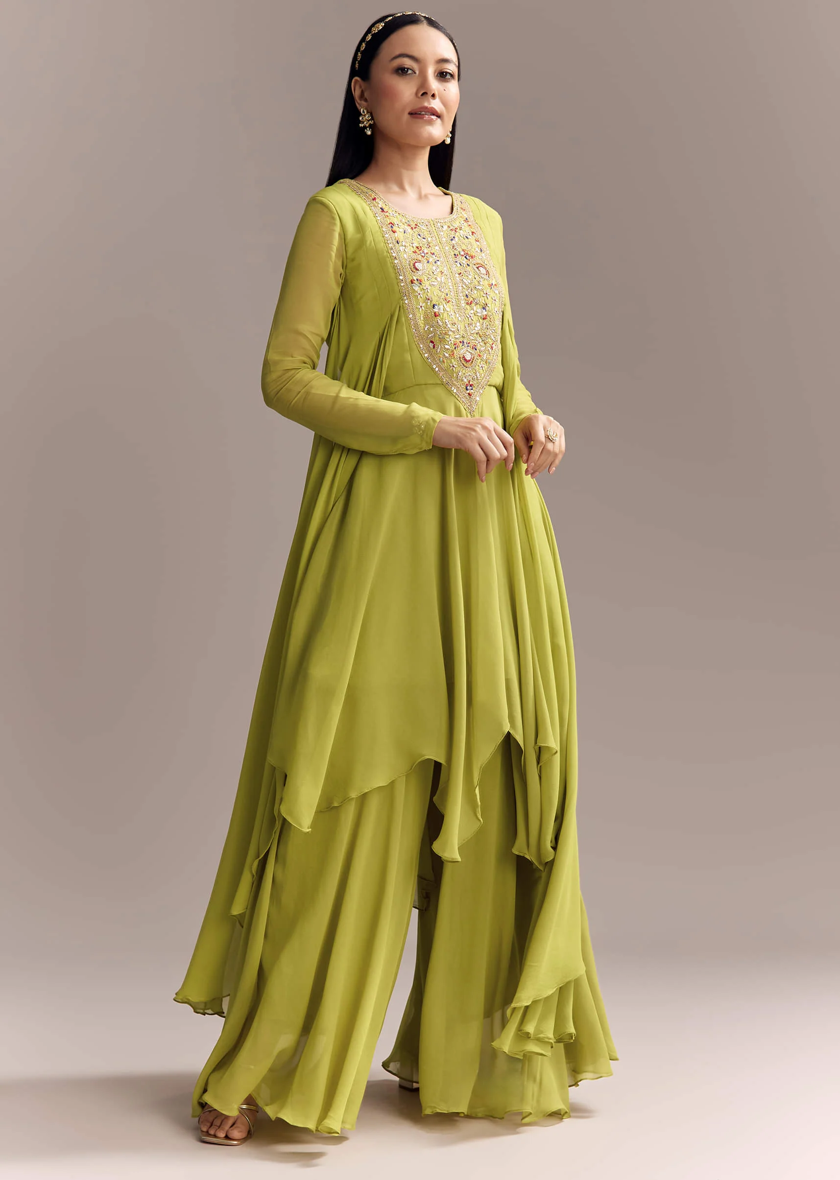 Mehendi Green Georgette Indo Western Kurta And Sharara Set With Embroidery - Image 3