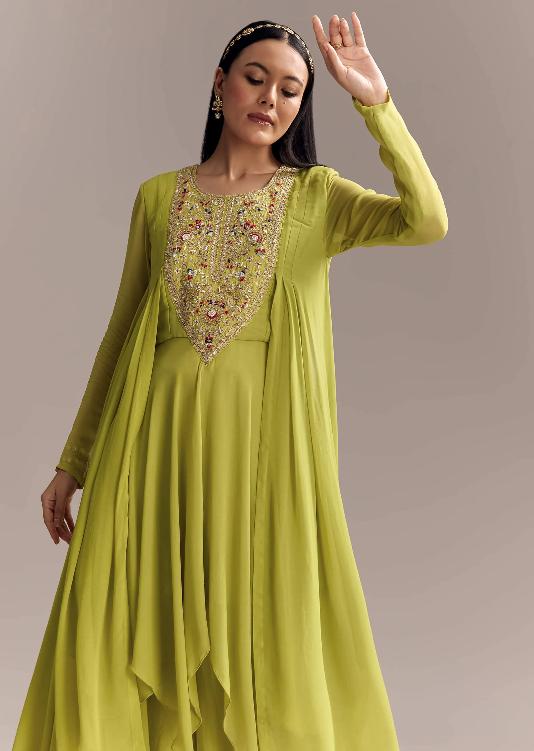 Mehendi Green Georgette Indo Western Kurta And Sharara Set With Embroidery - Image 4