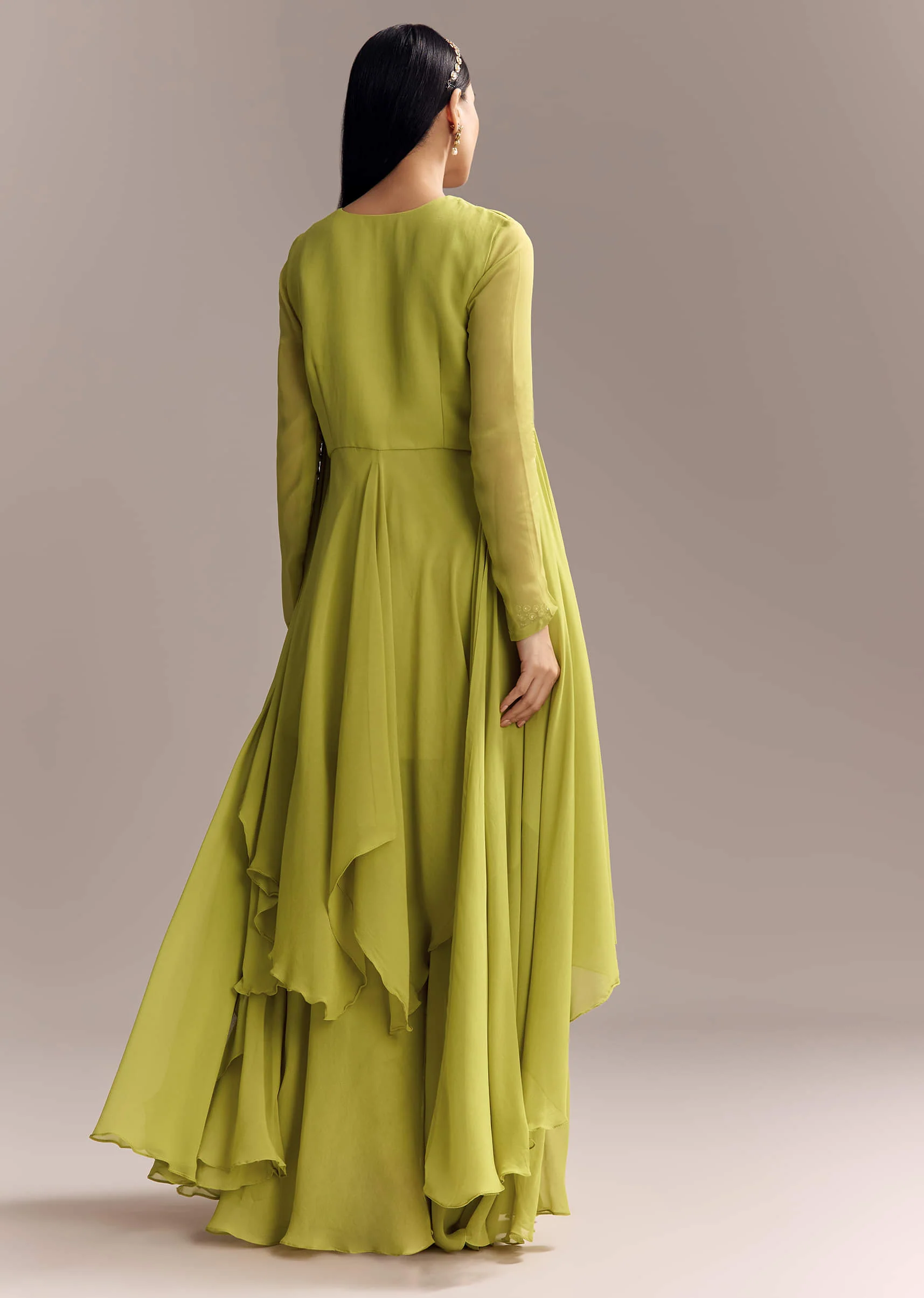 Mehendi Green Georgette Indo Western Kurta And Sharara Set With Embroidery - Image 5