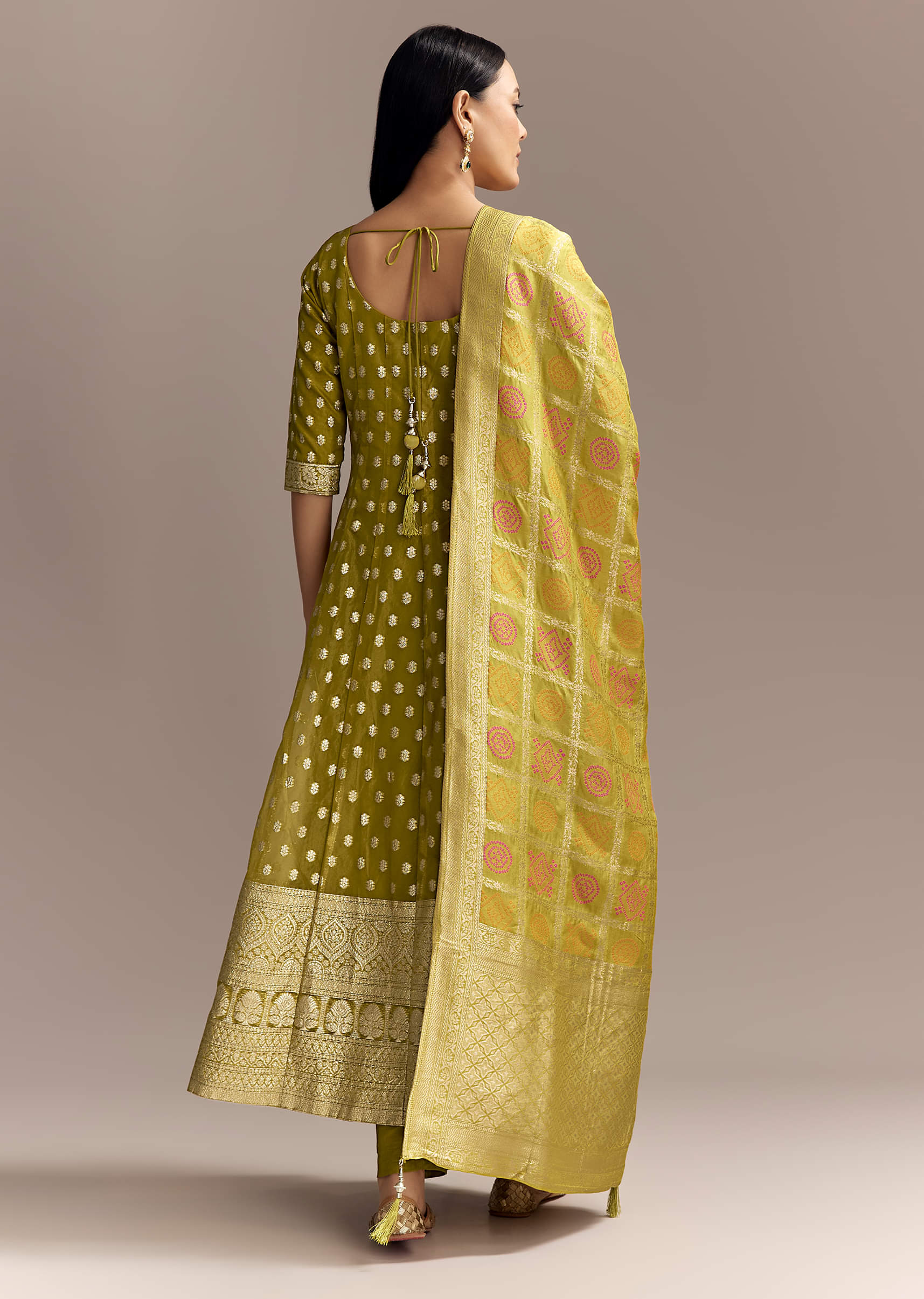 Mehendi Green Jacquard Anarkali Suit With Woven Brocade Dupatta - Image 5