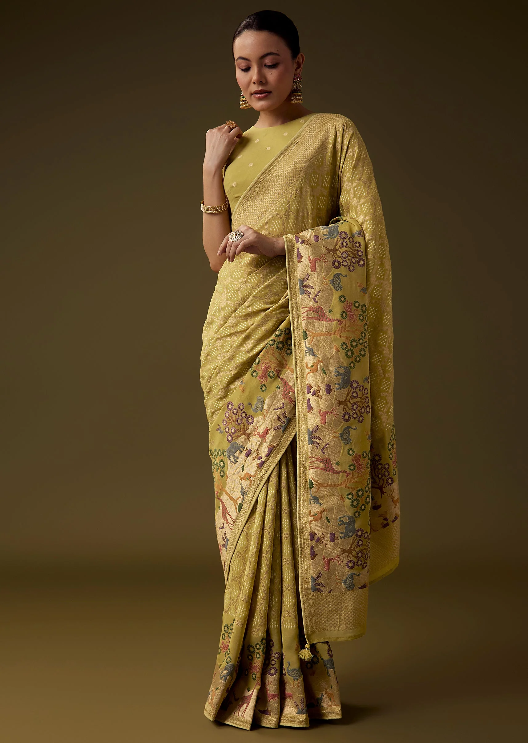 Mehendi Green Khadi Georgette Saree with Unstitched Blouse