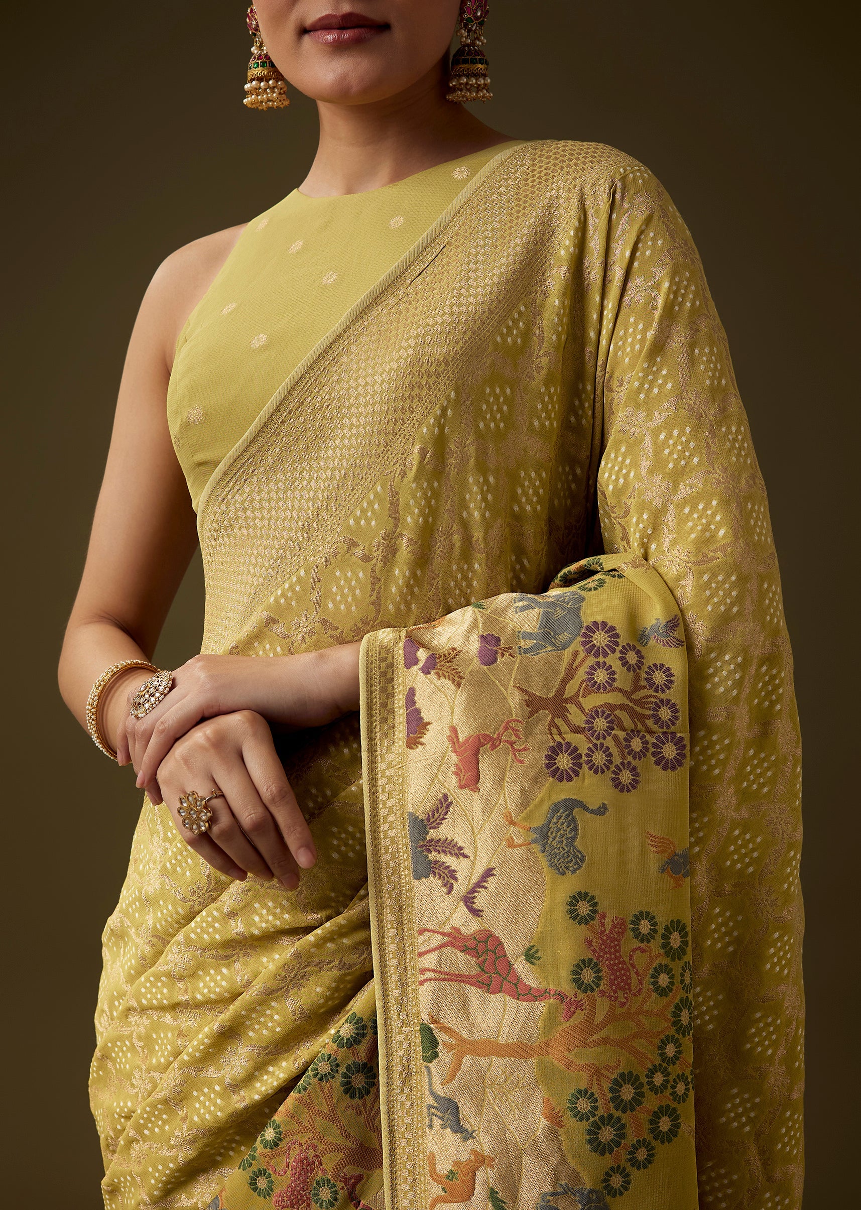 Mehendi Green Khadi Georgette Saree with Unstitched Blouse - Image 2