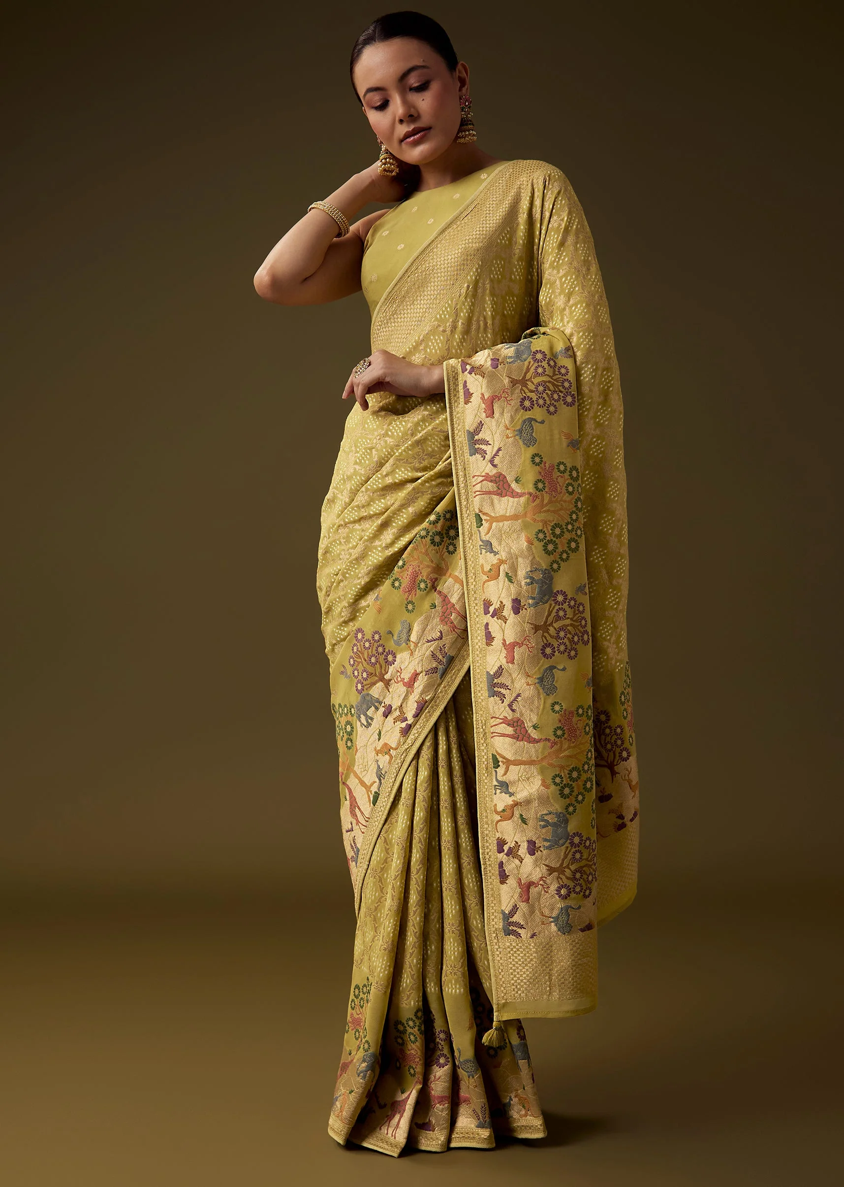 Mehendi Green Khadi Georgette Saree with Unstitched Blouse - Image 3