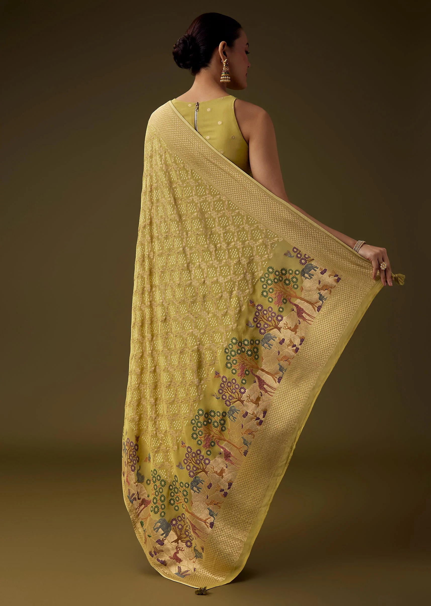 Mehendi Green Khadi Georgette Saree with Unstitched Blouse - Image 4