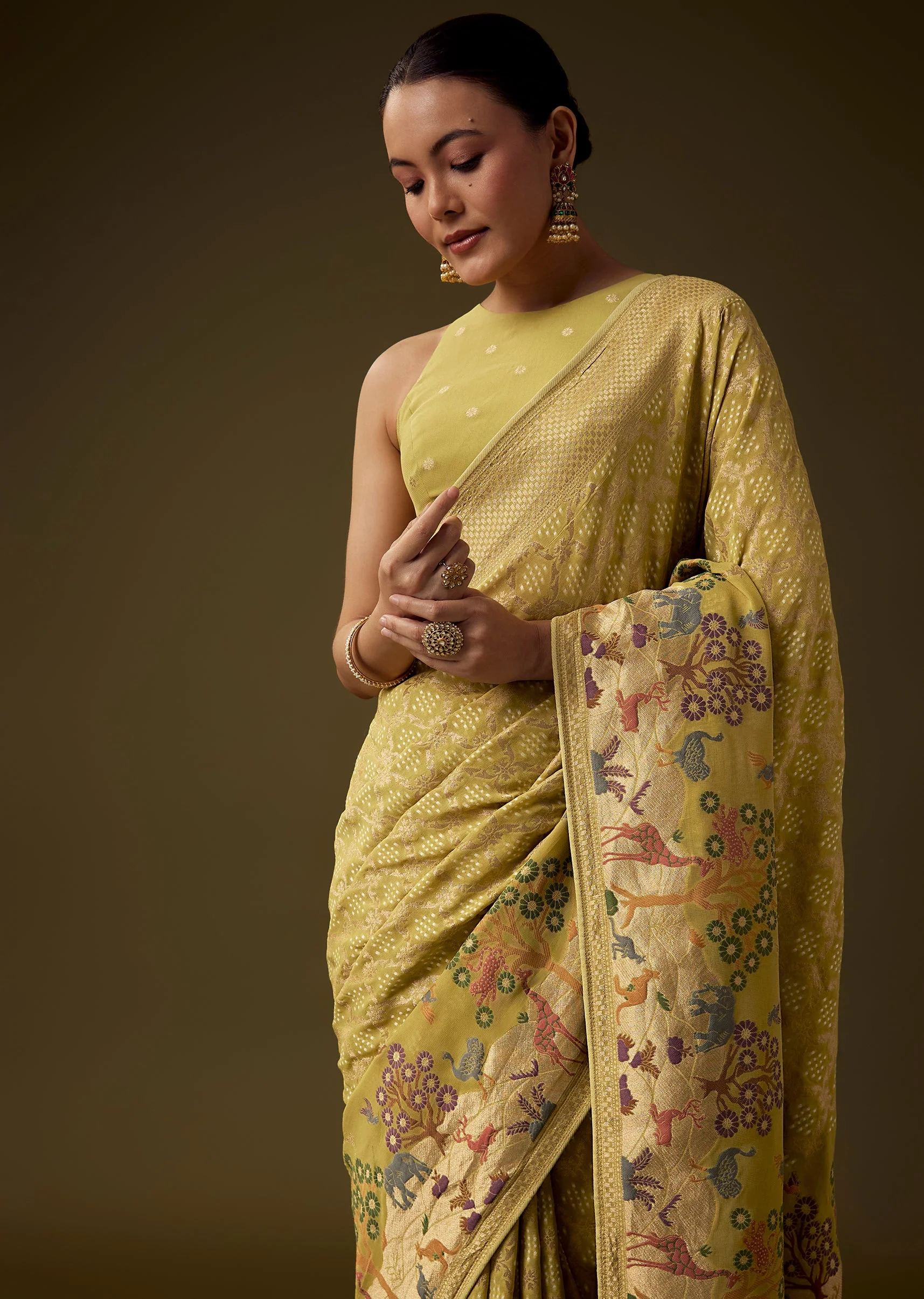 Mehendi Green Khadi Georgette Saree with Unstitched Blouse - Image 5