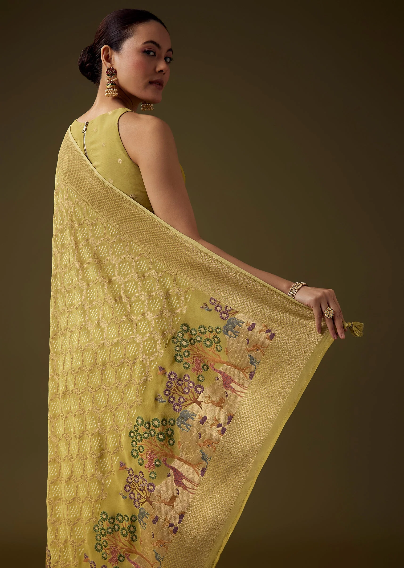 Mehendi Green Khadi Georgette Saree with Unstitched Blouse - Image 6