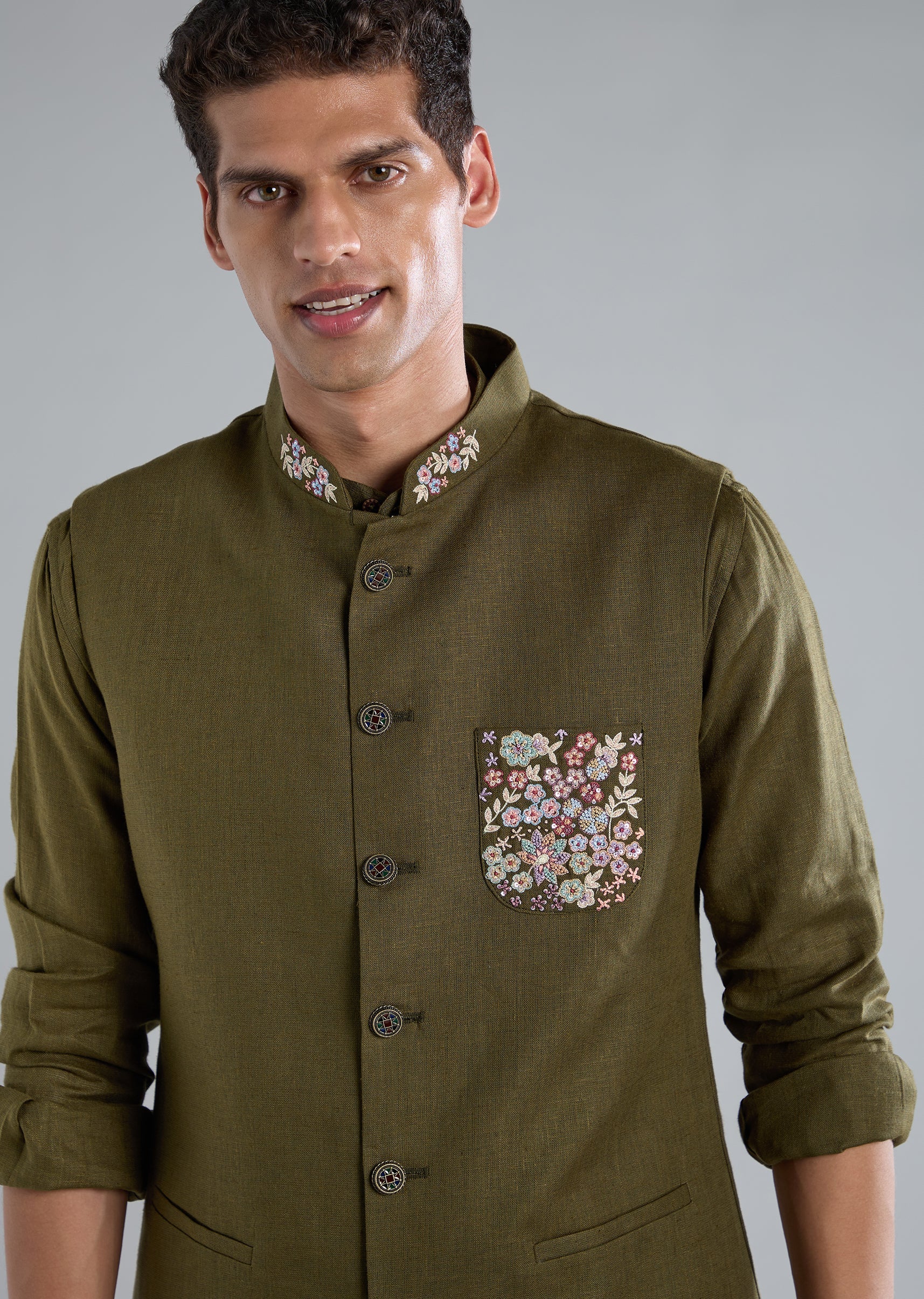 Mehendi Green Kurta Jacket Set With Thread Resham Work - Image 2