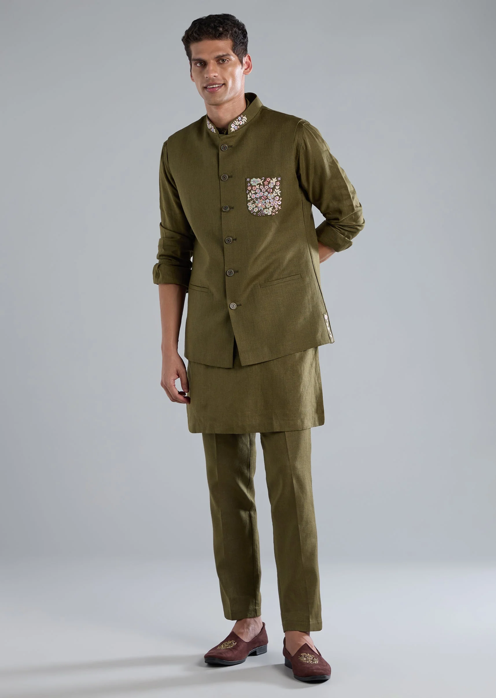 Mehendi Green Kurta Jacket Set With Thread Resham Work - Image 3