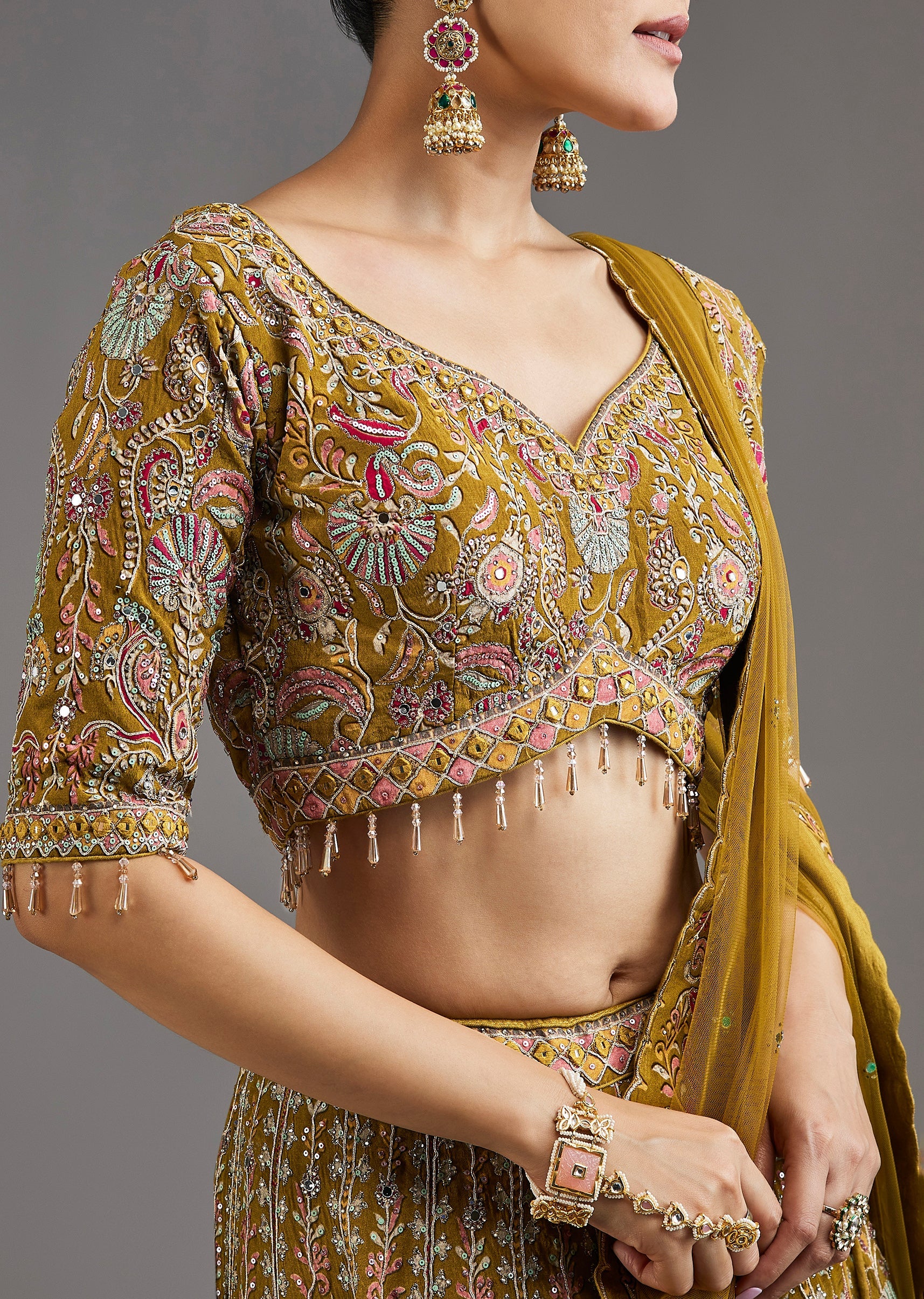Mehendi Green Lehenga With Mirror Accents - Image 3